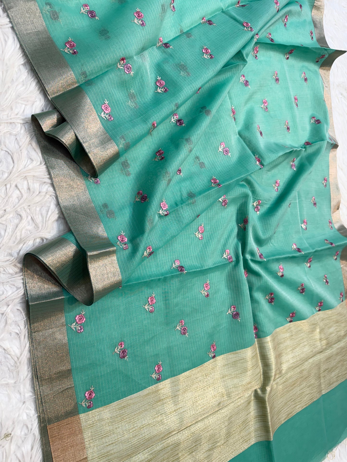 Sea green shade cotton kota embroidery Banarasi saree