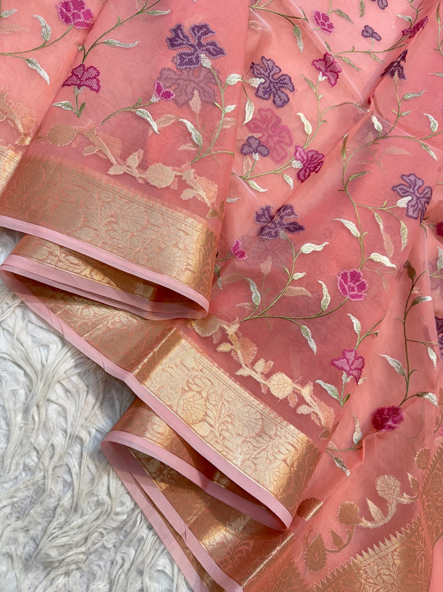 Peach shade kora organza embroidery Banarasi saree