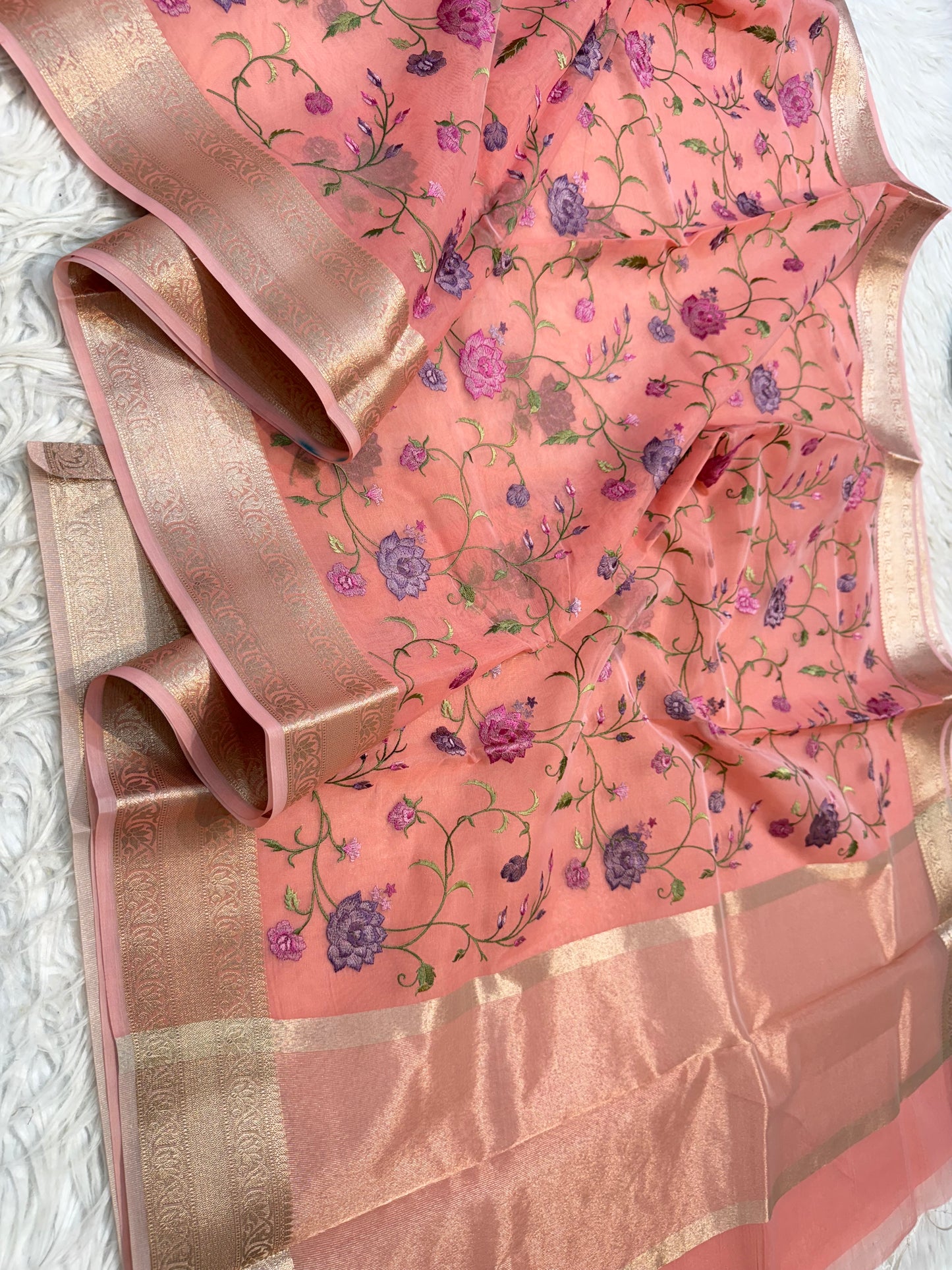 Peach shade organza embroidery Banarasi saree