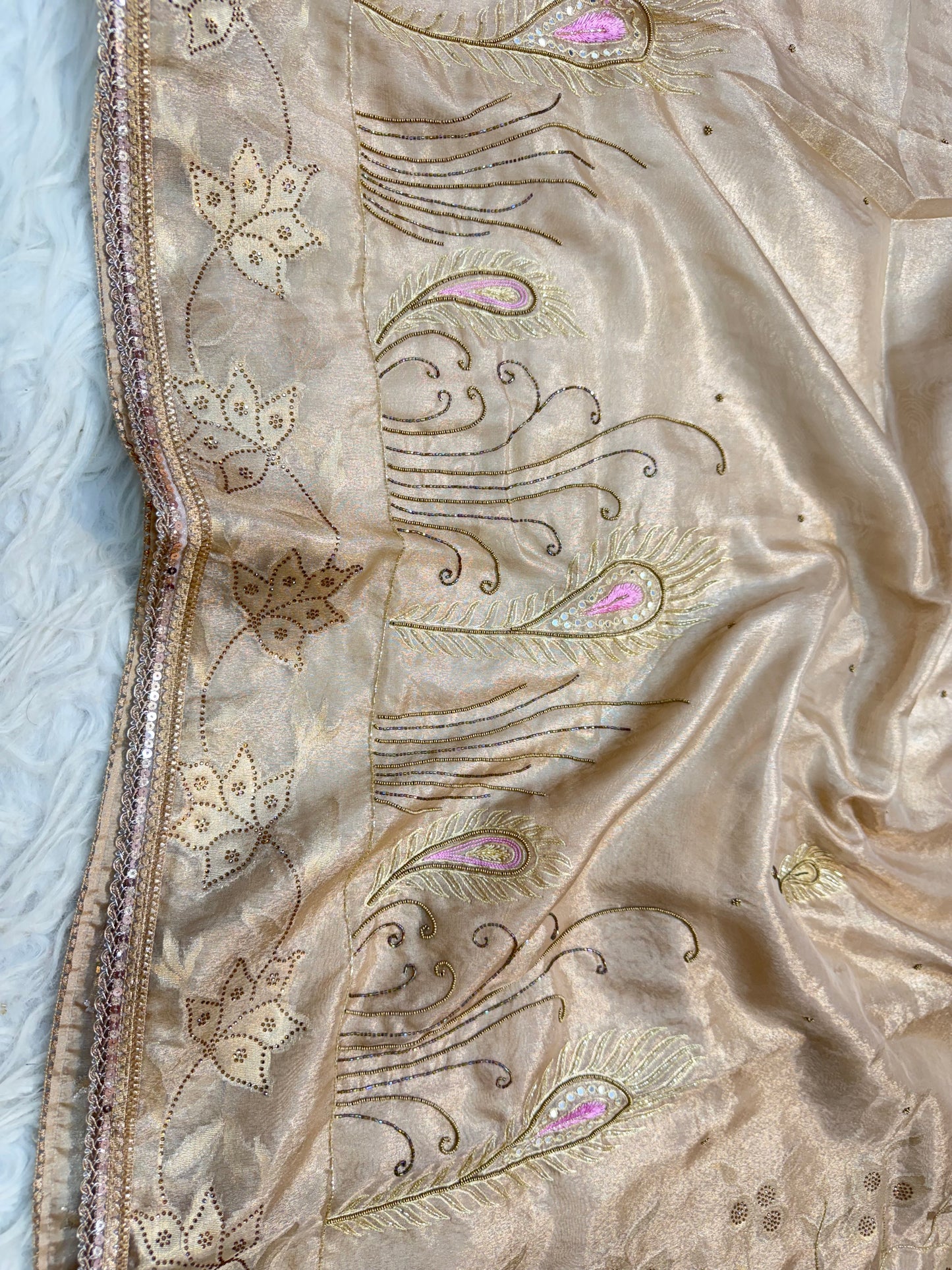 Beige shade tissue ari & zardosi work designer premium Banarasi saree