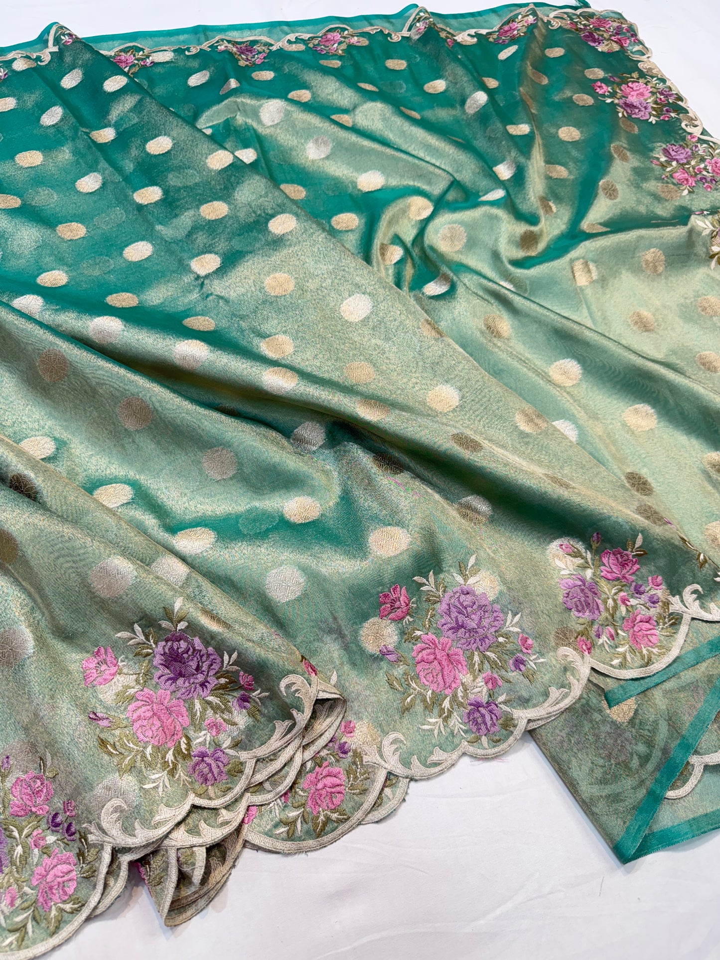 Sea green tissue cutwork embroidery premium designer Banarasi saree