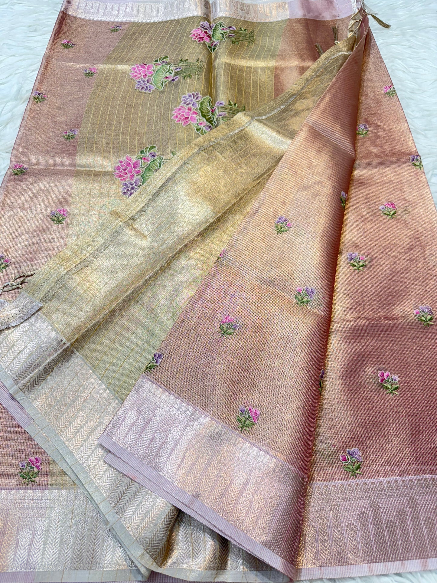 Peach shade tissue kota embroidery primum Banarasi saree