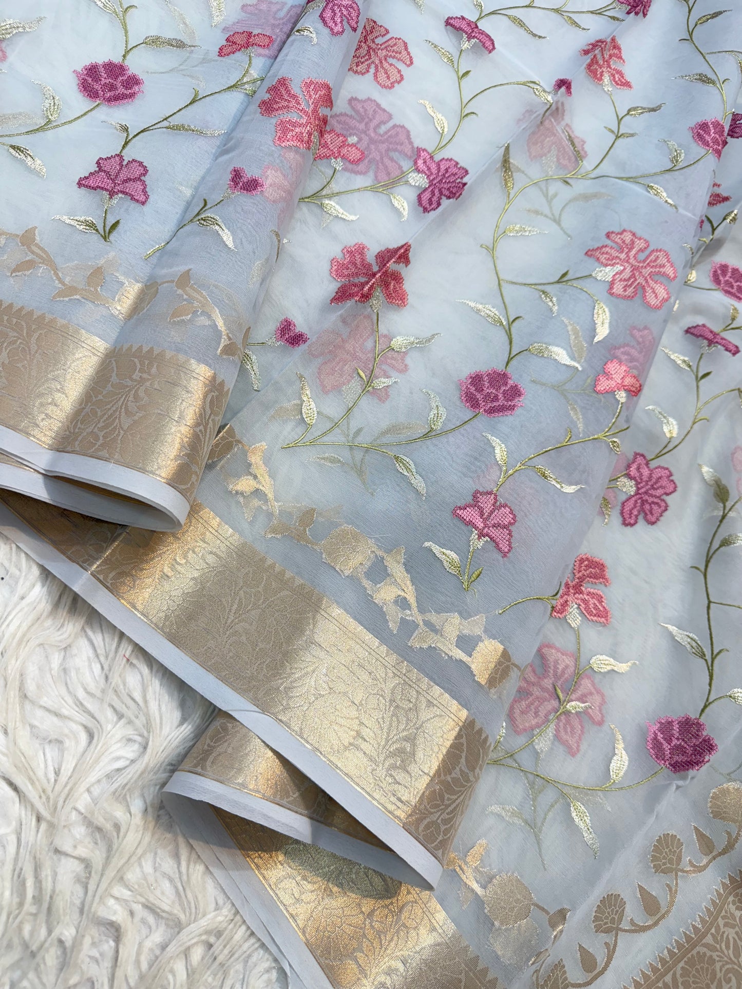 Grey shade kora organza embroidery Banarasi saree
