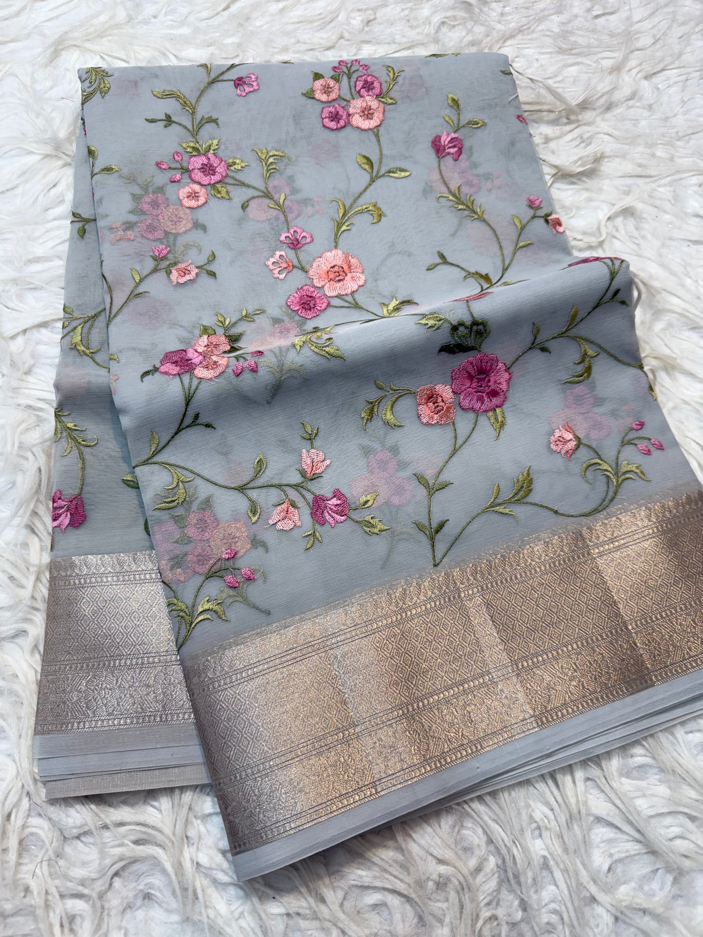 Grey shade organza embroidery Banarasi saree