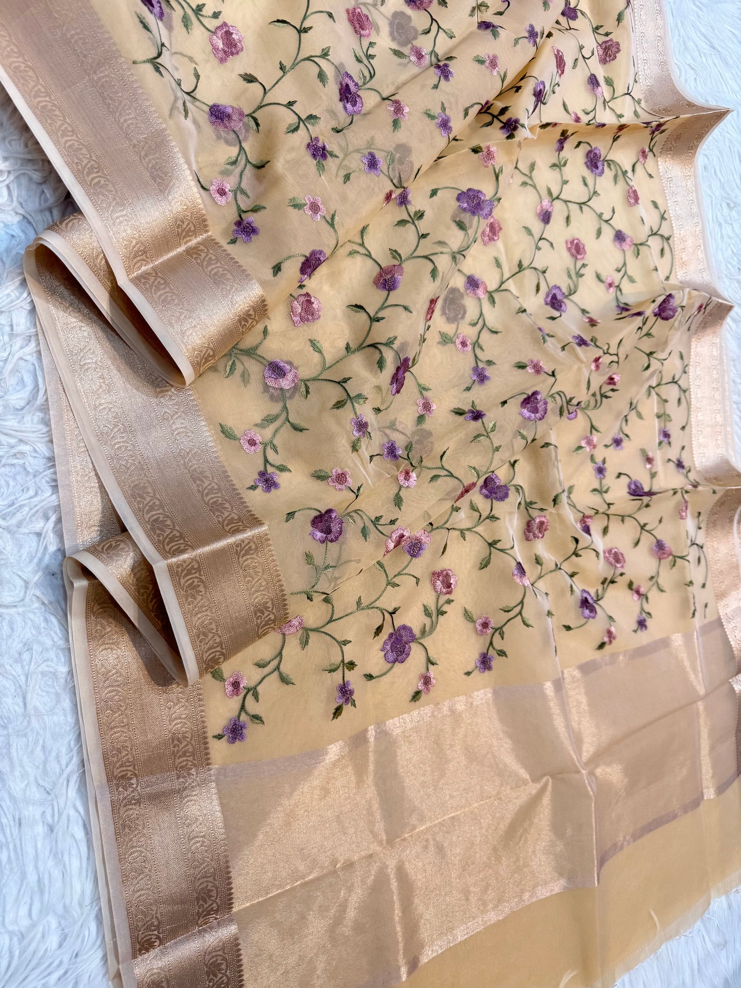 Beige shade organza embroidery Banarasi saree