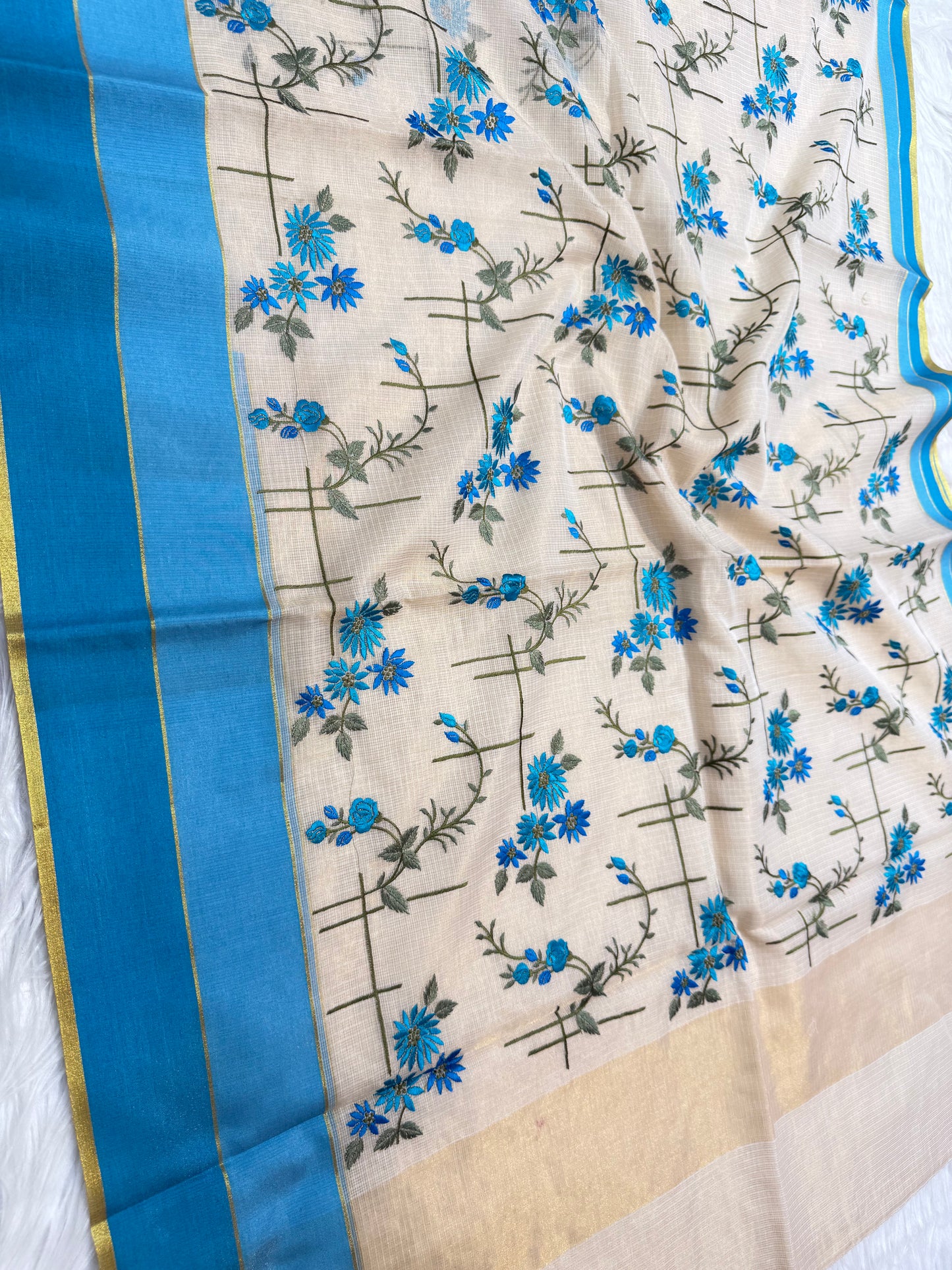 Off white powder blue shade tissue kota embroidery Banarasi saree