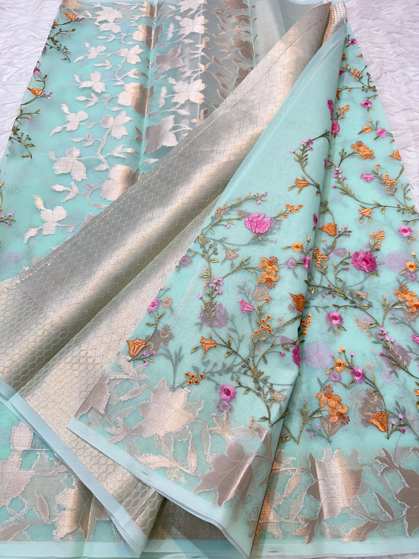 Turquoise shade kora organza embroidery banarasi saree