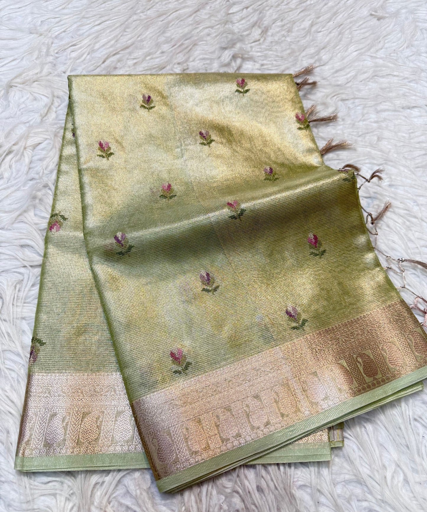 Pista green shade tissue kota embroidery primum Banarasi saree