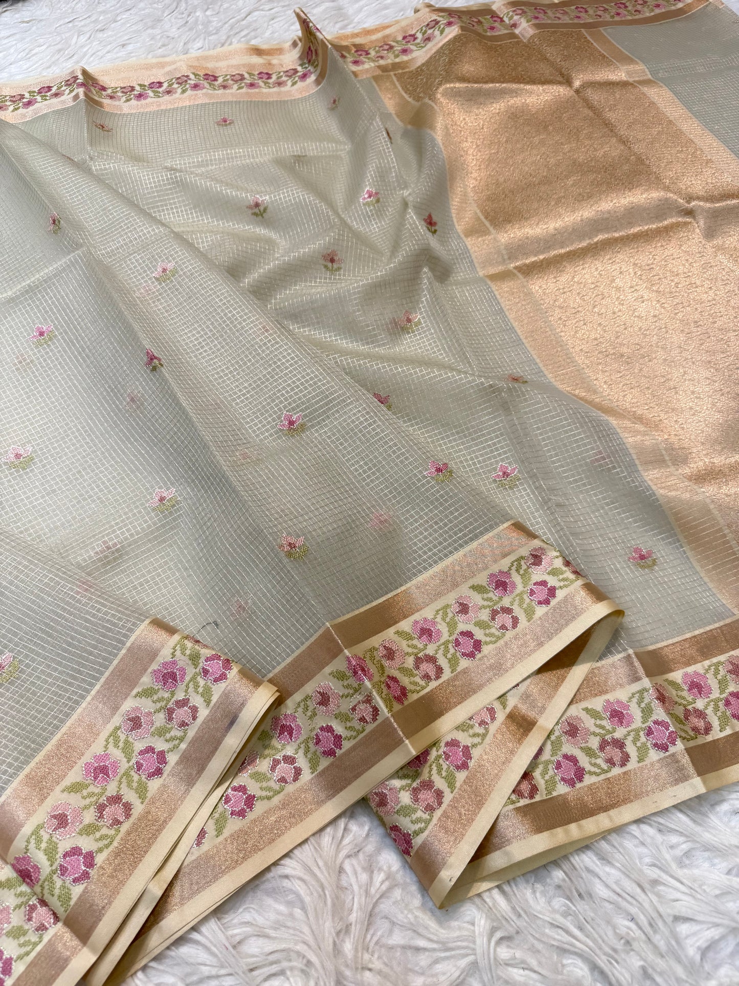 Grey shade kora organza embroidery Banarasi saree