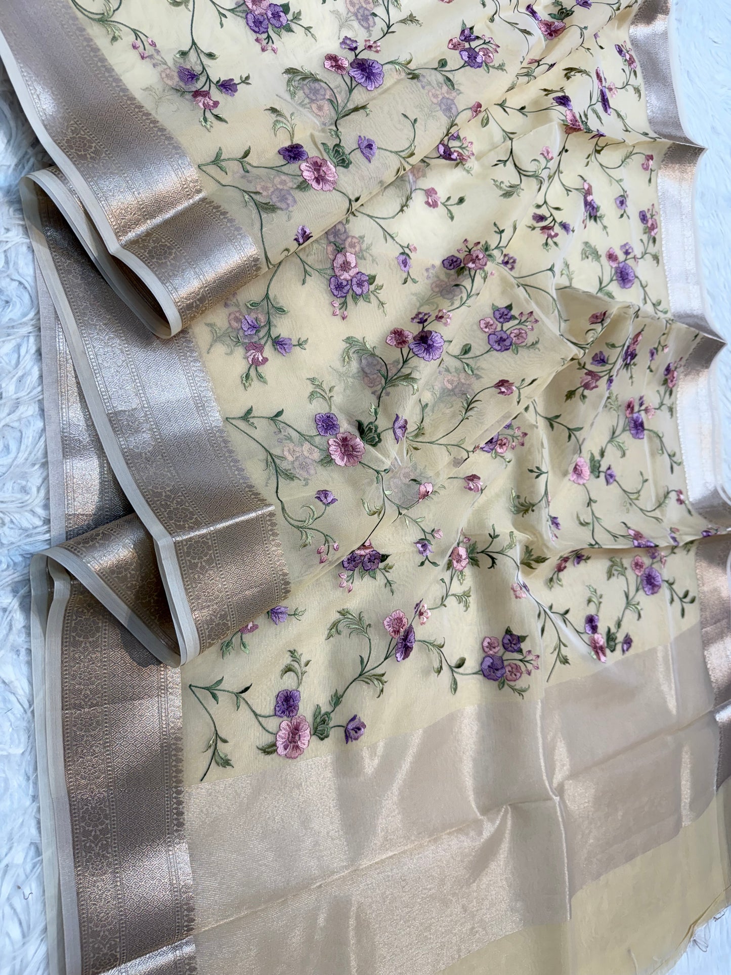 Beige shade organza embroidery Banarasi saree