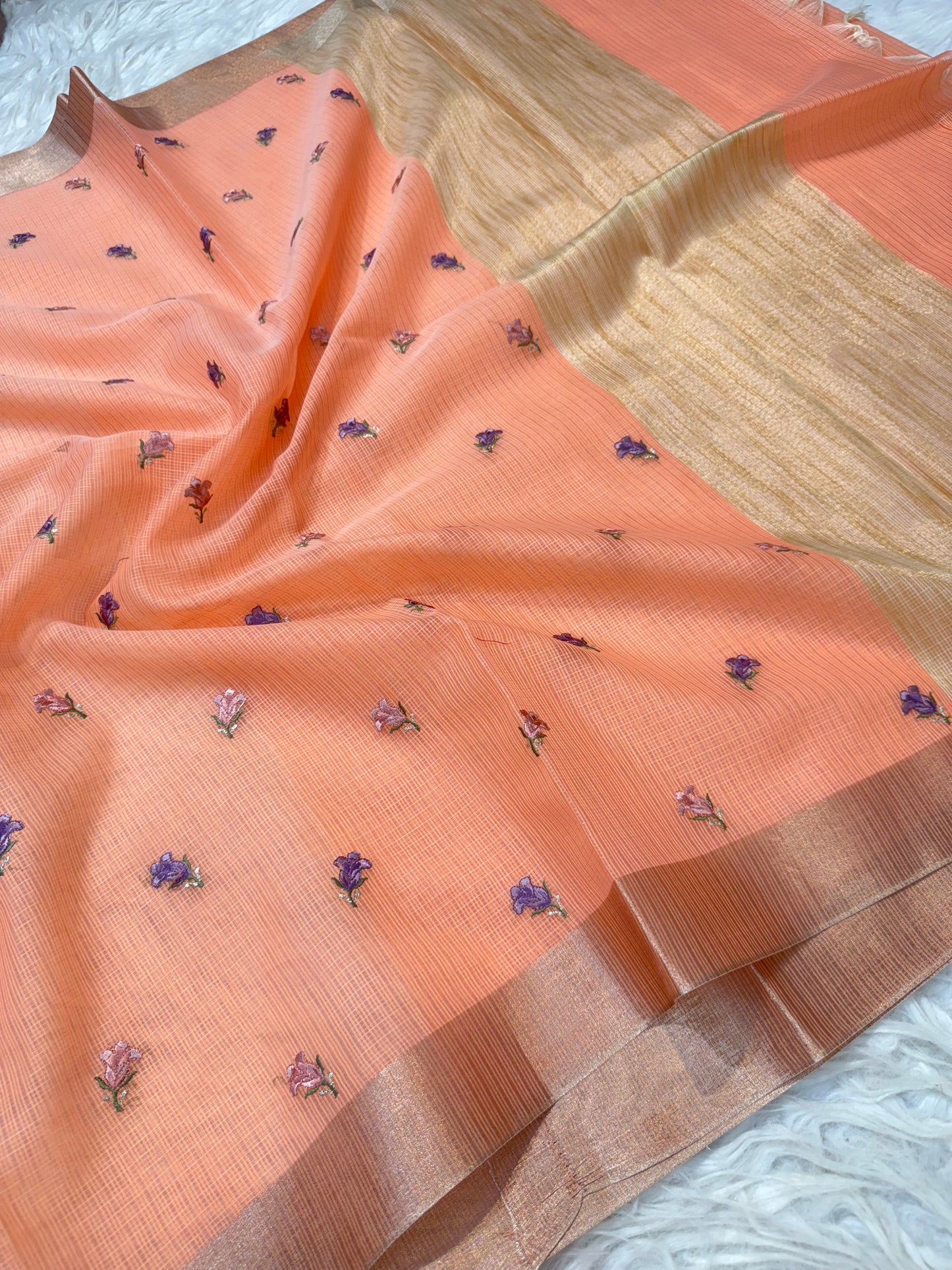 Peach shade cotton kota embroidery Banarasi saree