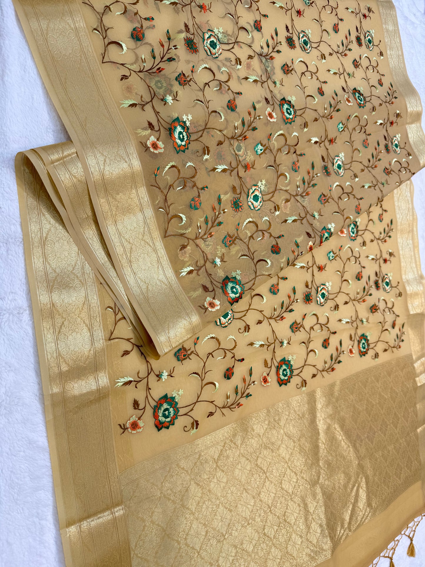 Beige shade organza designer premium embroidery Banarasi saree