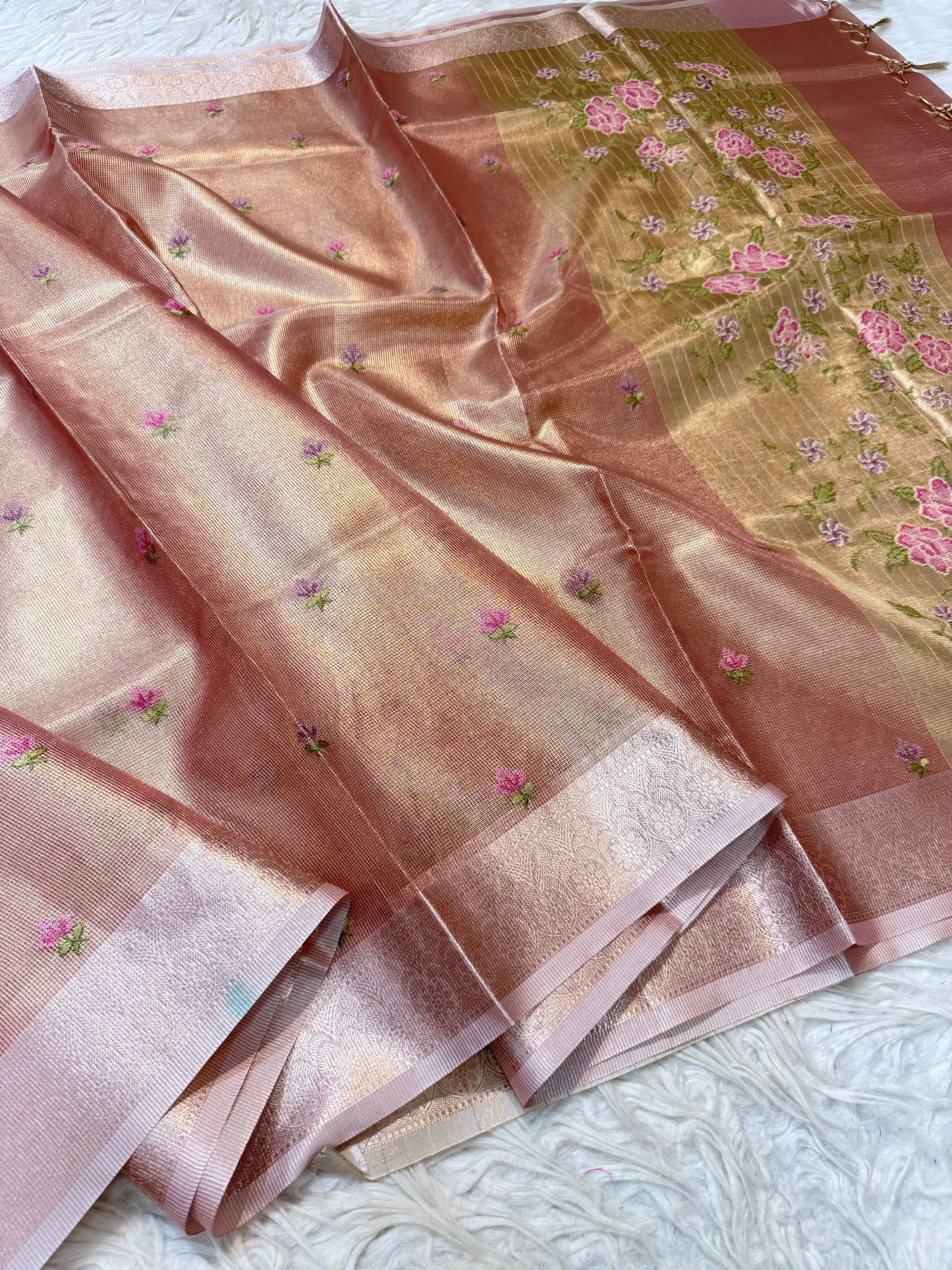 Peach shade tissue kota embroidery primum Banarasi saree