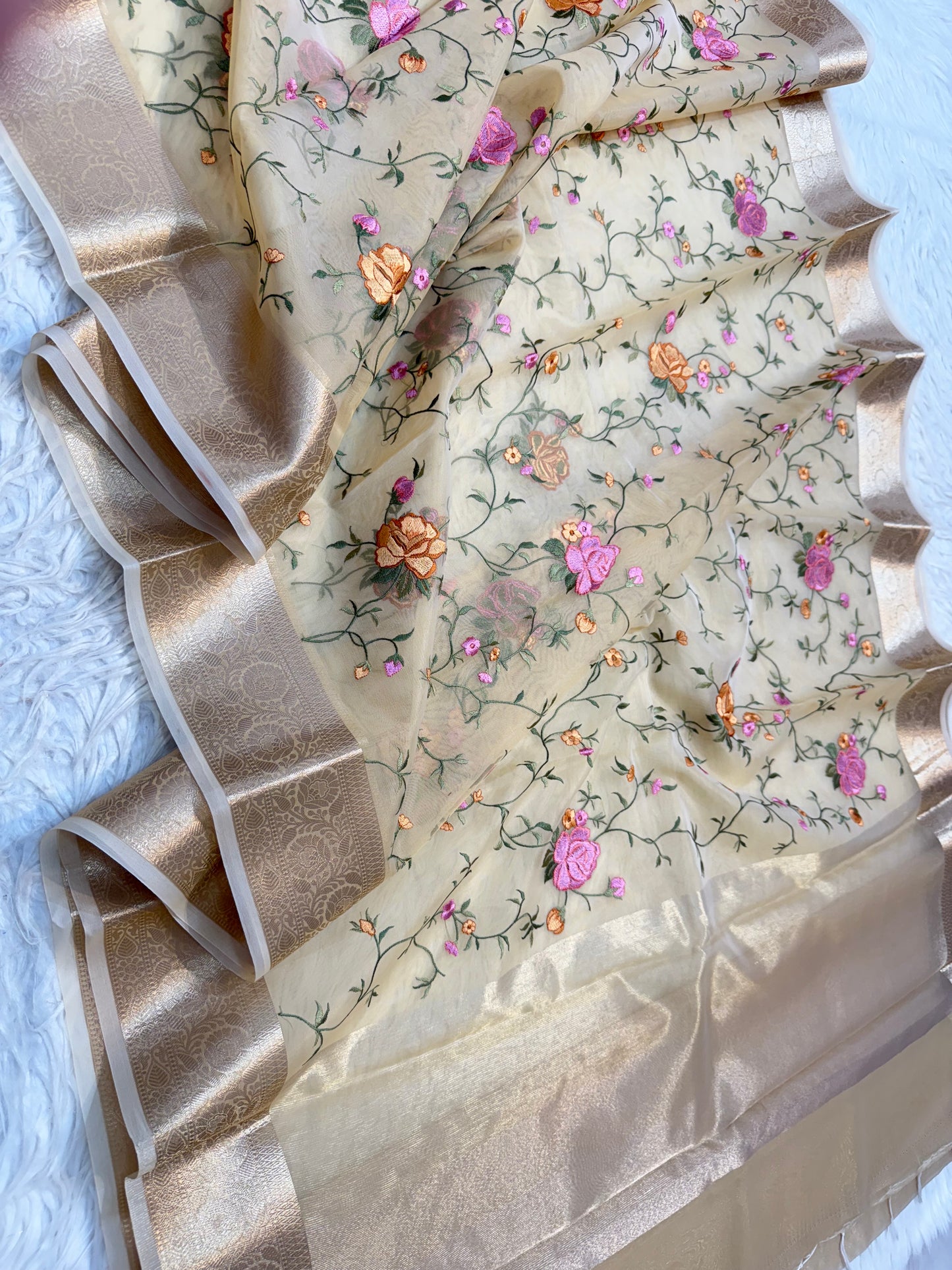 Beige shade organza embroidery Banarasi saree