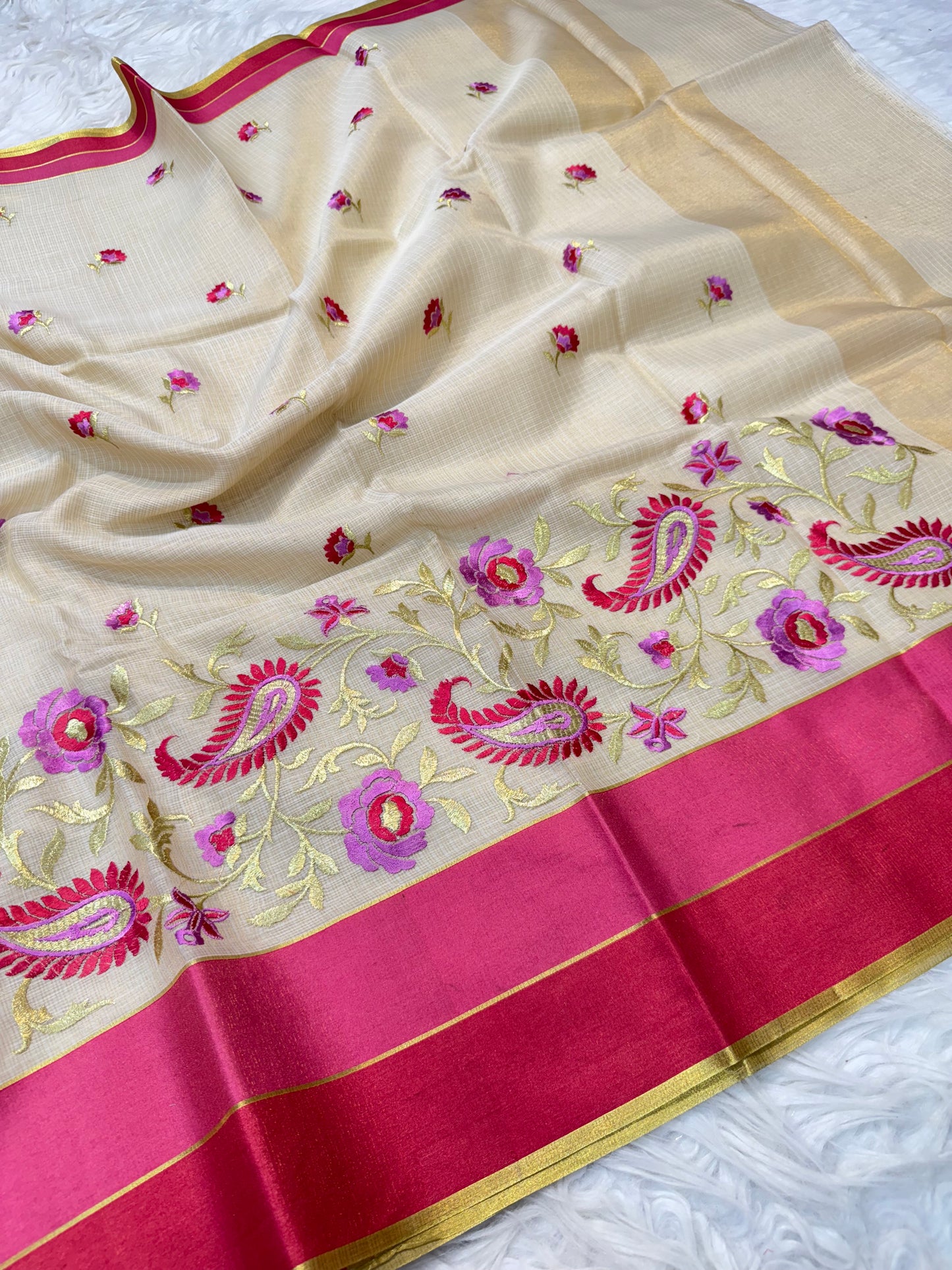 Off White maharani royal pink shade tissue kota embroidery Banarasi saree