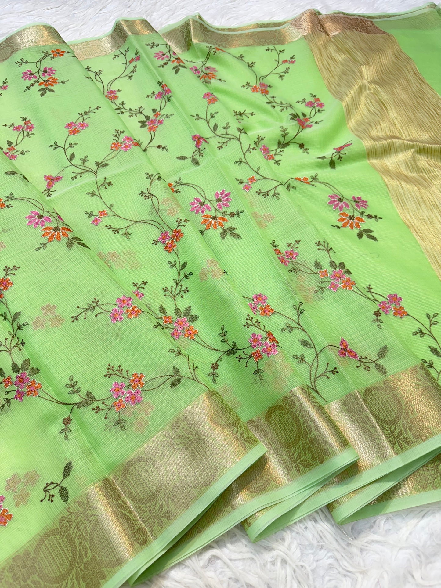 Pista green shade kota embroidery Banarasi saree