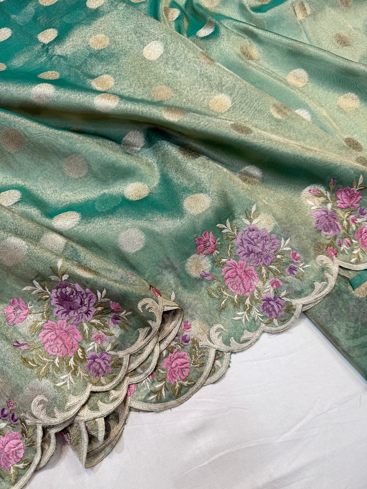 Sea green tissue cutwork embroidery premium designer Banarasi saree