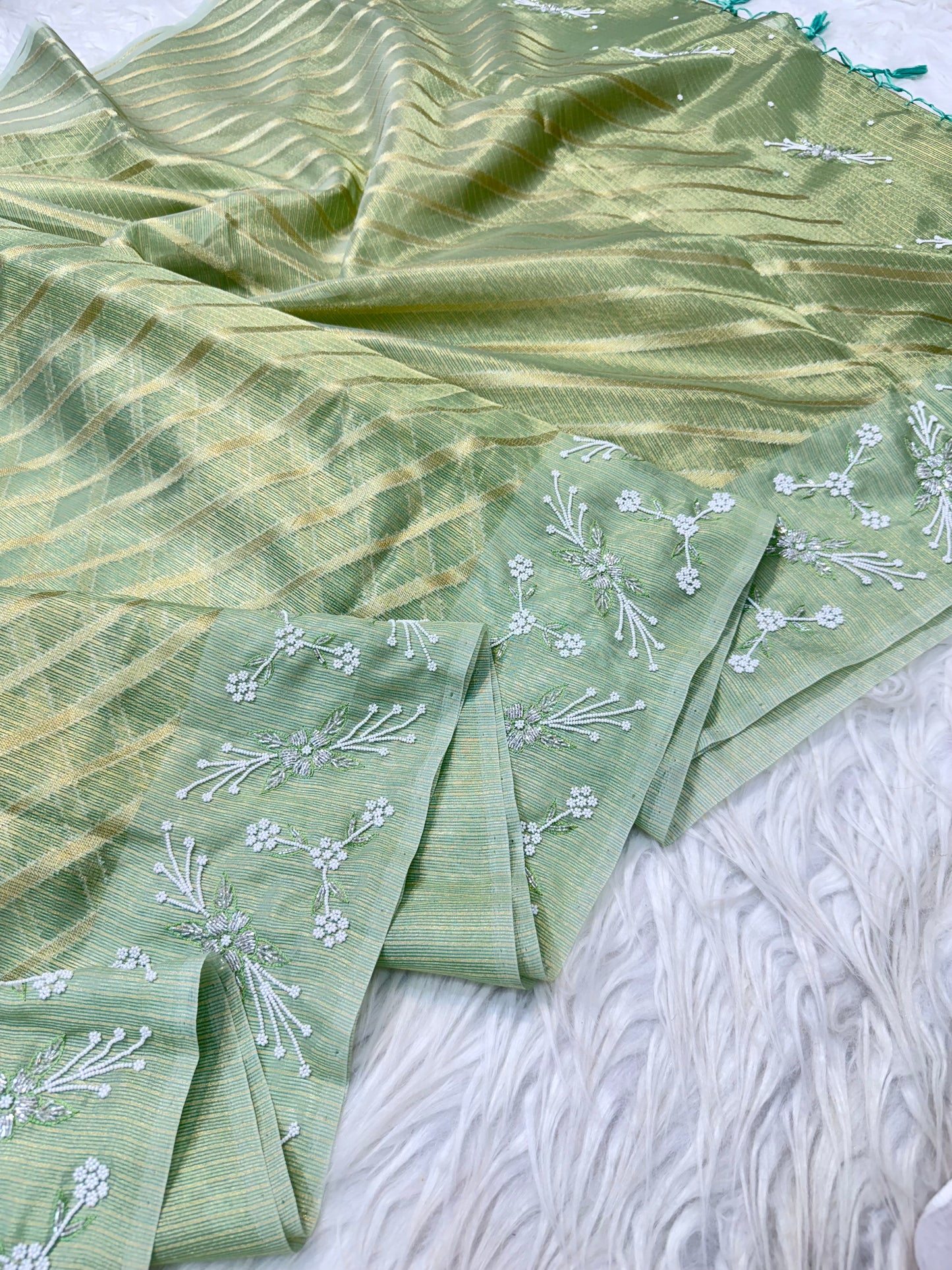 Pista green shade tissue kota zardosi work premium Banarasi saree