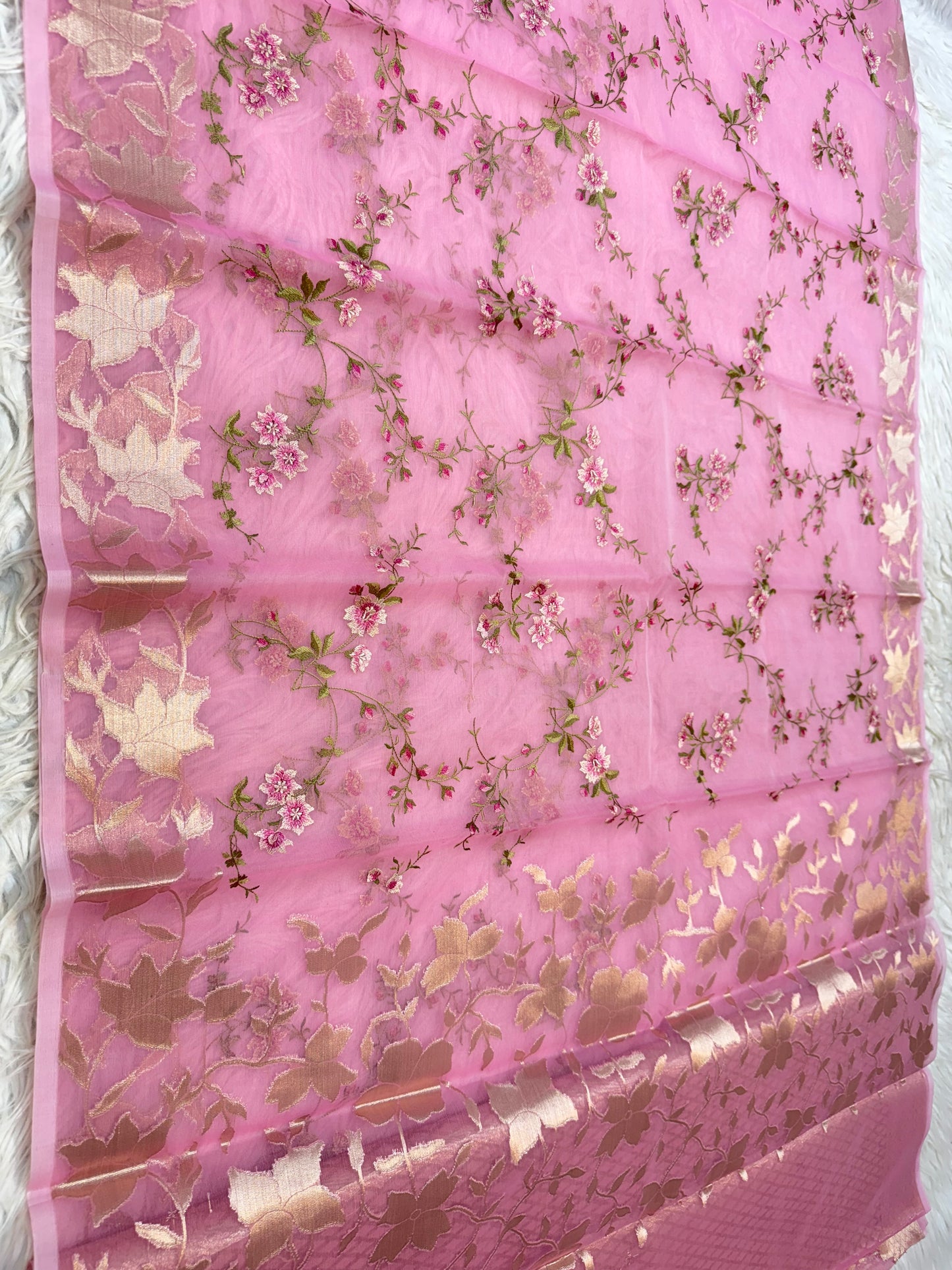 Pink shade kora organza embroidery Banarasi saree