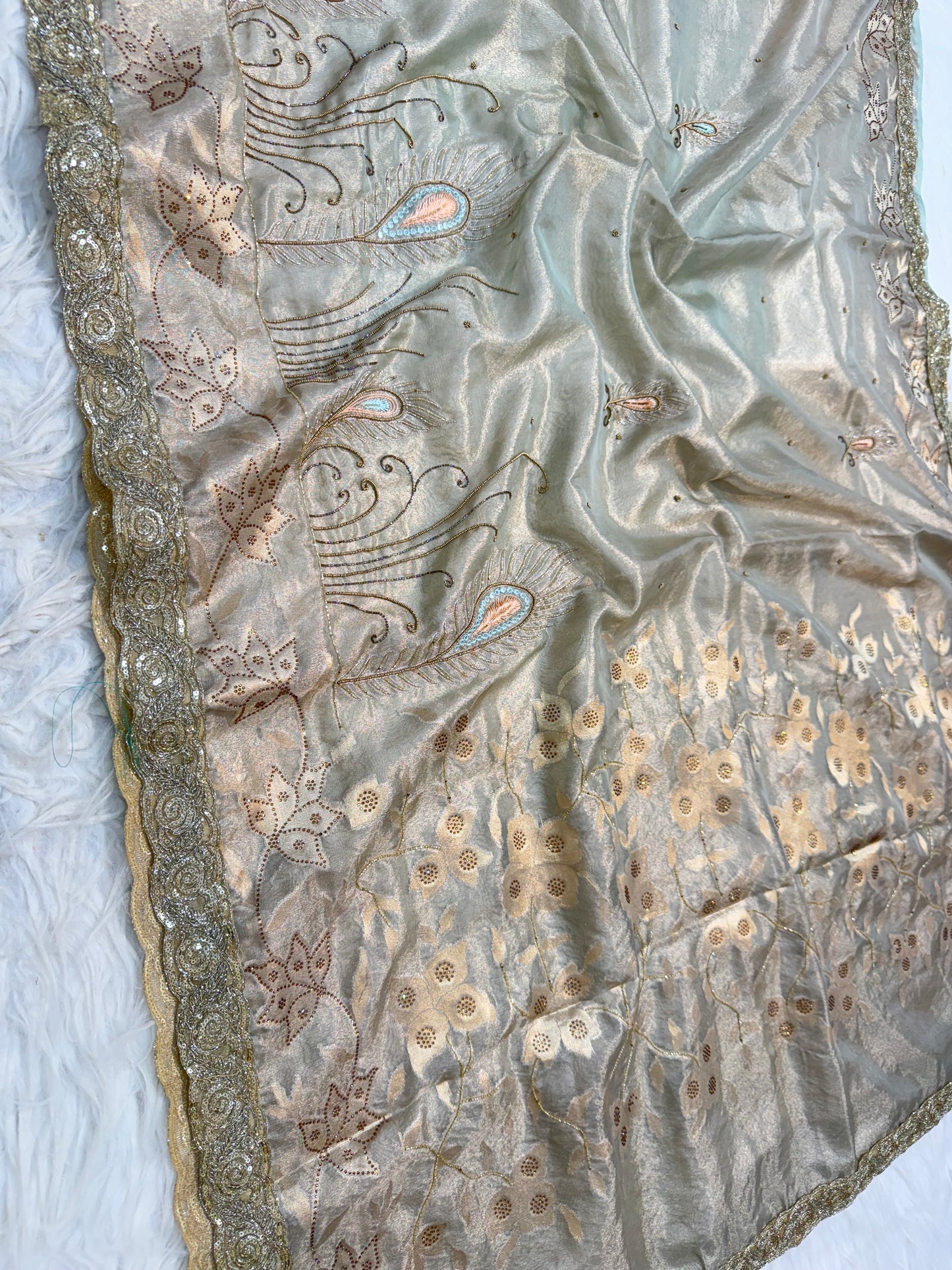 Pista green shade tissue ari & zardosi work designer premium Banarasi saree