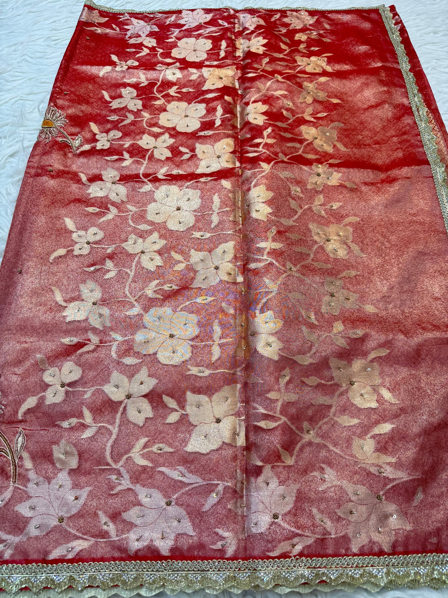 Red shade tissue ari & zardosi work designer premium Banarasi saree