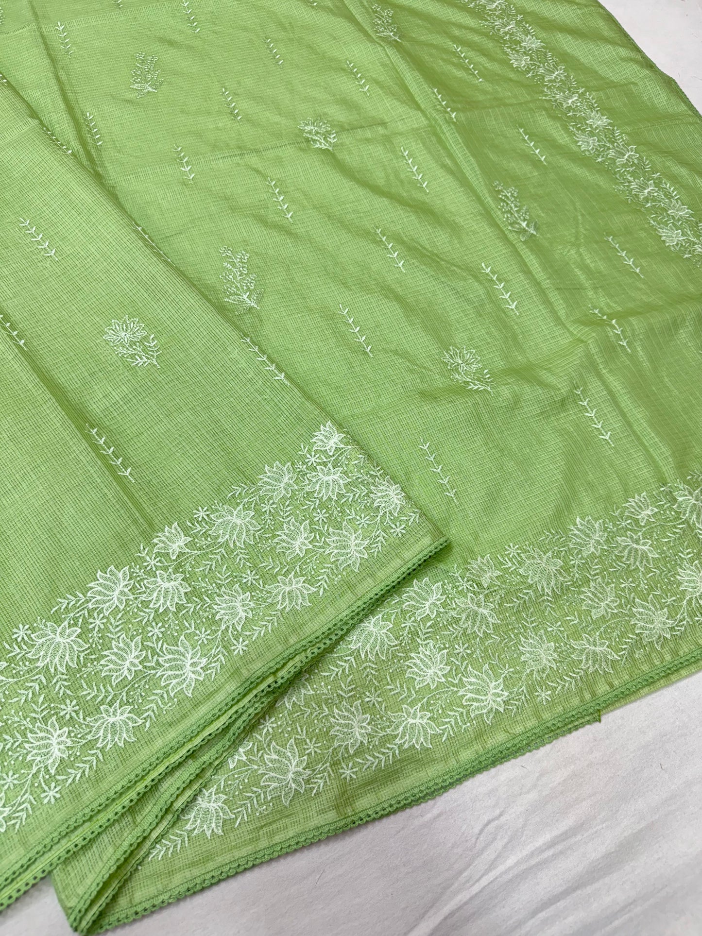 Pista green shade cotton kota chickenkari embroidery Banarasi saree