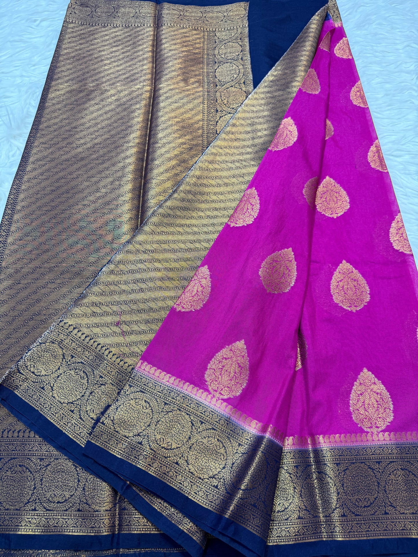Royal pink nevy shade georgatte Banarasi saree