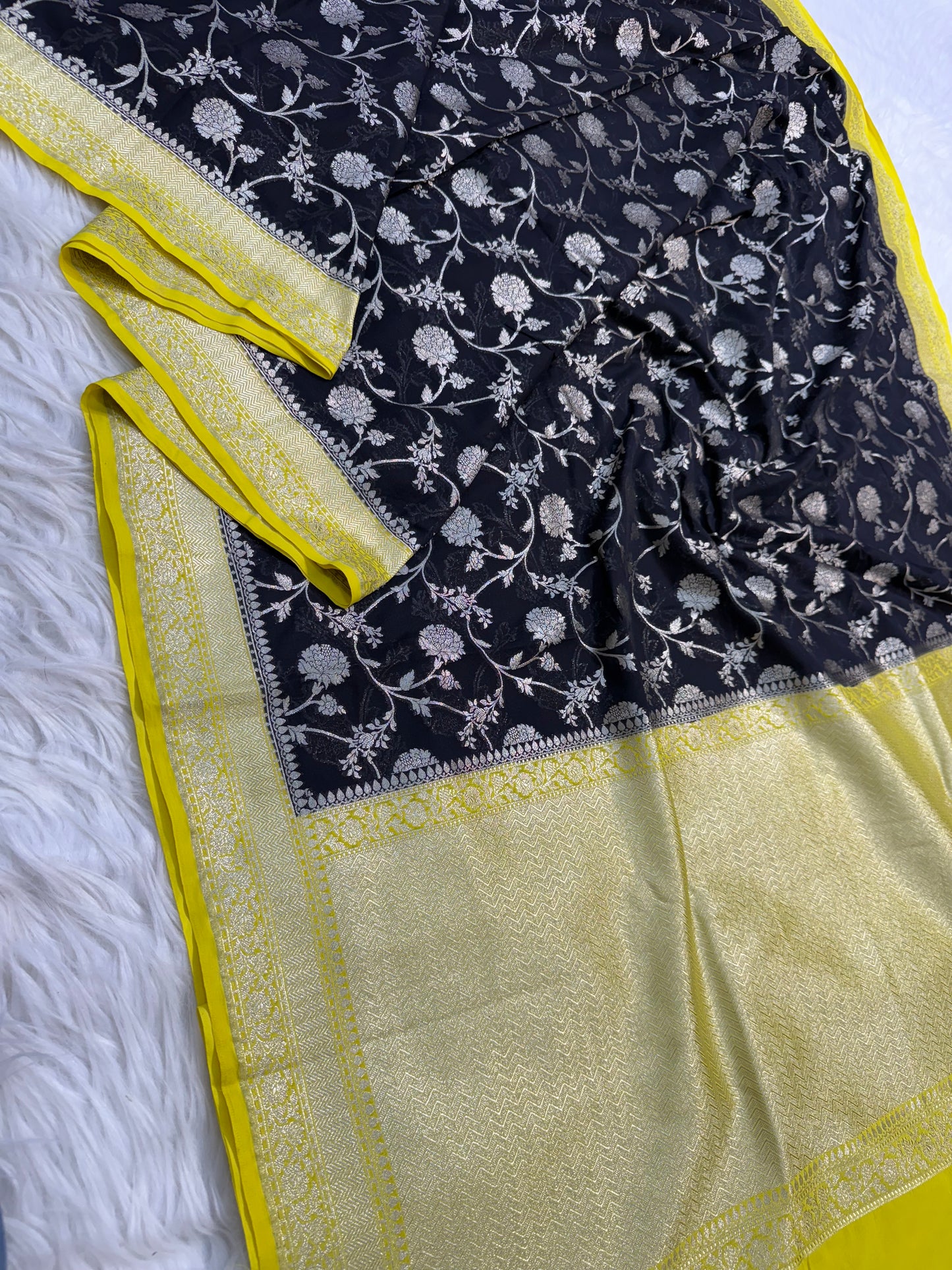 Black yellow shade khaddi georgatte premium Banarasi saree