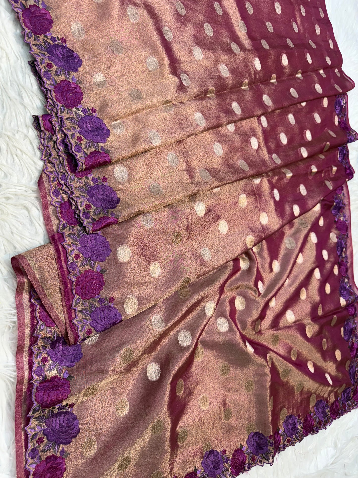 Wine shade tissue cutwork embroidery premium designer Banarasi saree