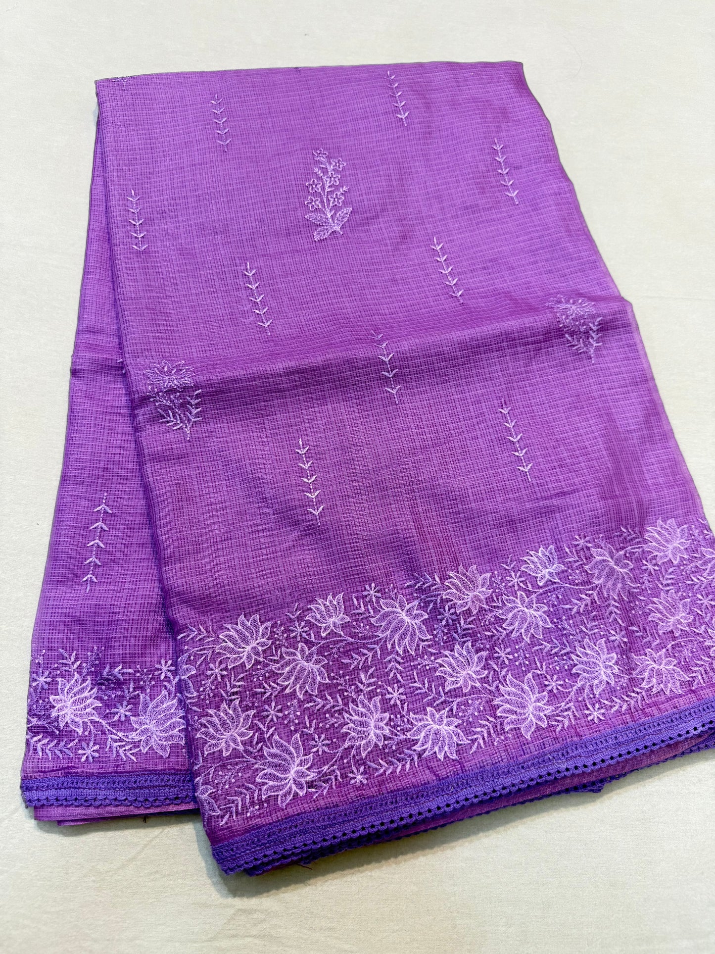 Magenta shade cotton kota chickenkari embroidery Banarasi saree