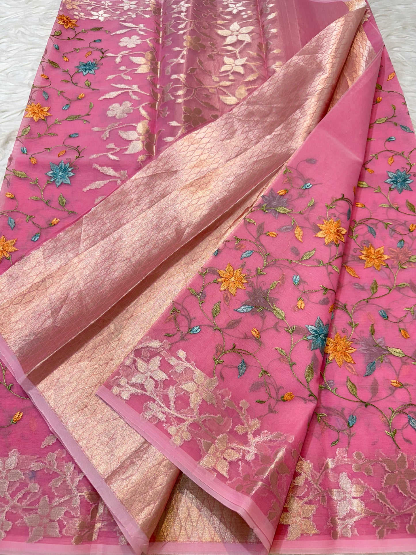 Pink shade kora organza embroidery Banarasi saree