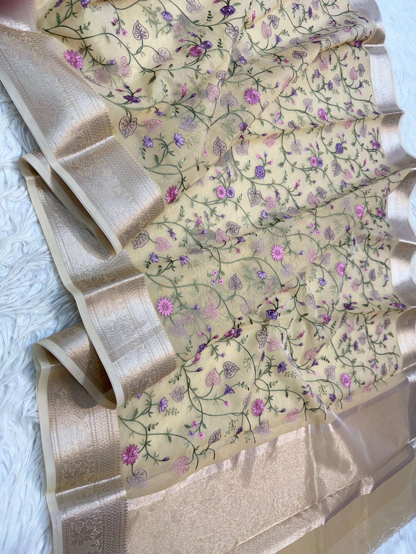 Beige shade organza embroidery Banarasi saree