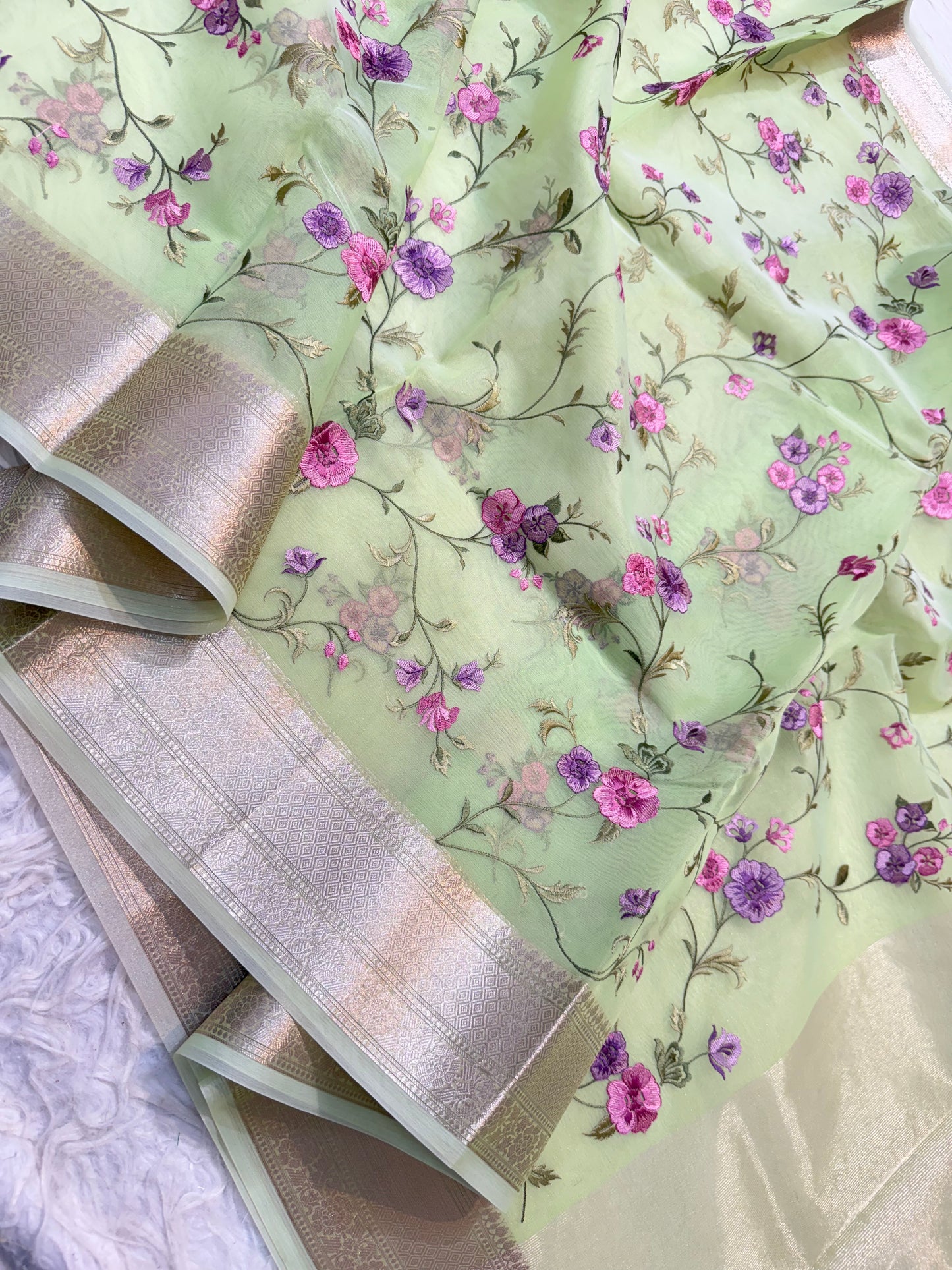 Pista shade organza embroidery Banarasi saree