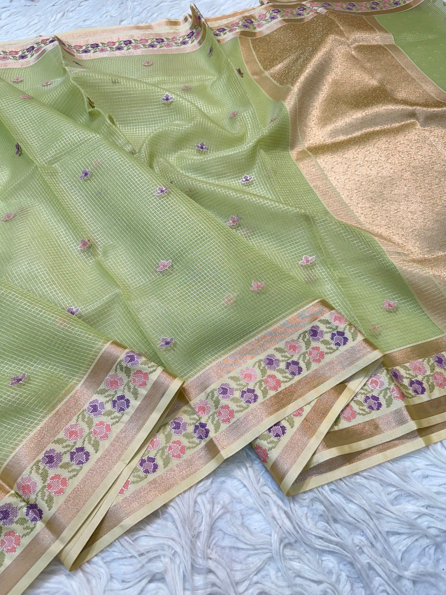 Pista green shade kora organza embroidery Banarasi saree