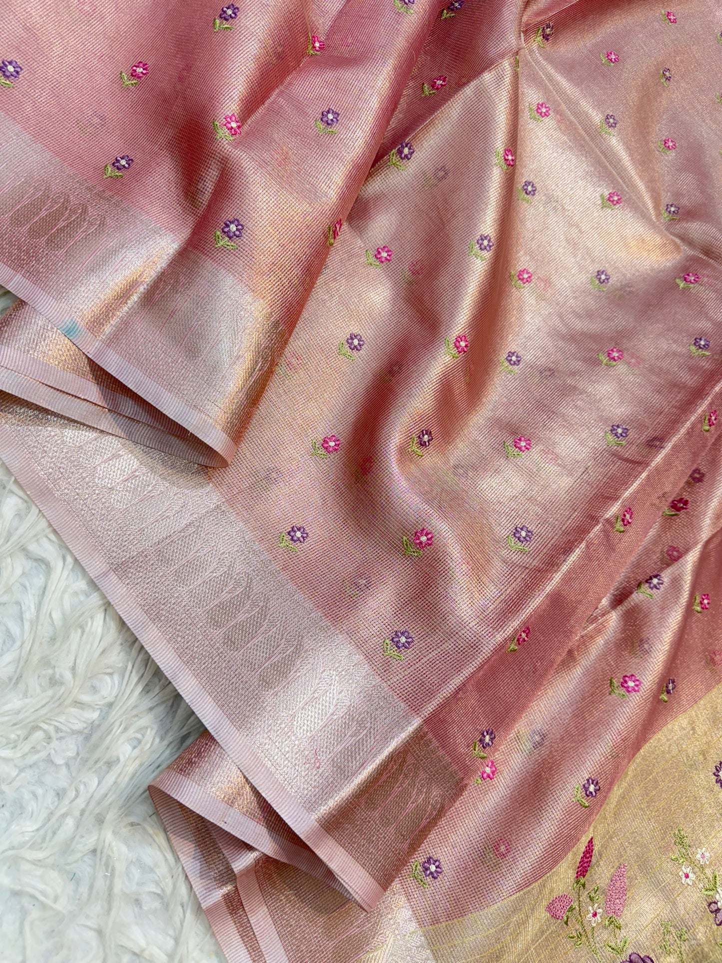 Peach shade tissue kota embroidery primum Banarasi saree