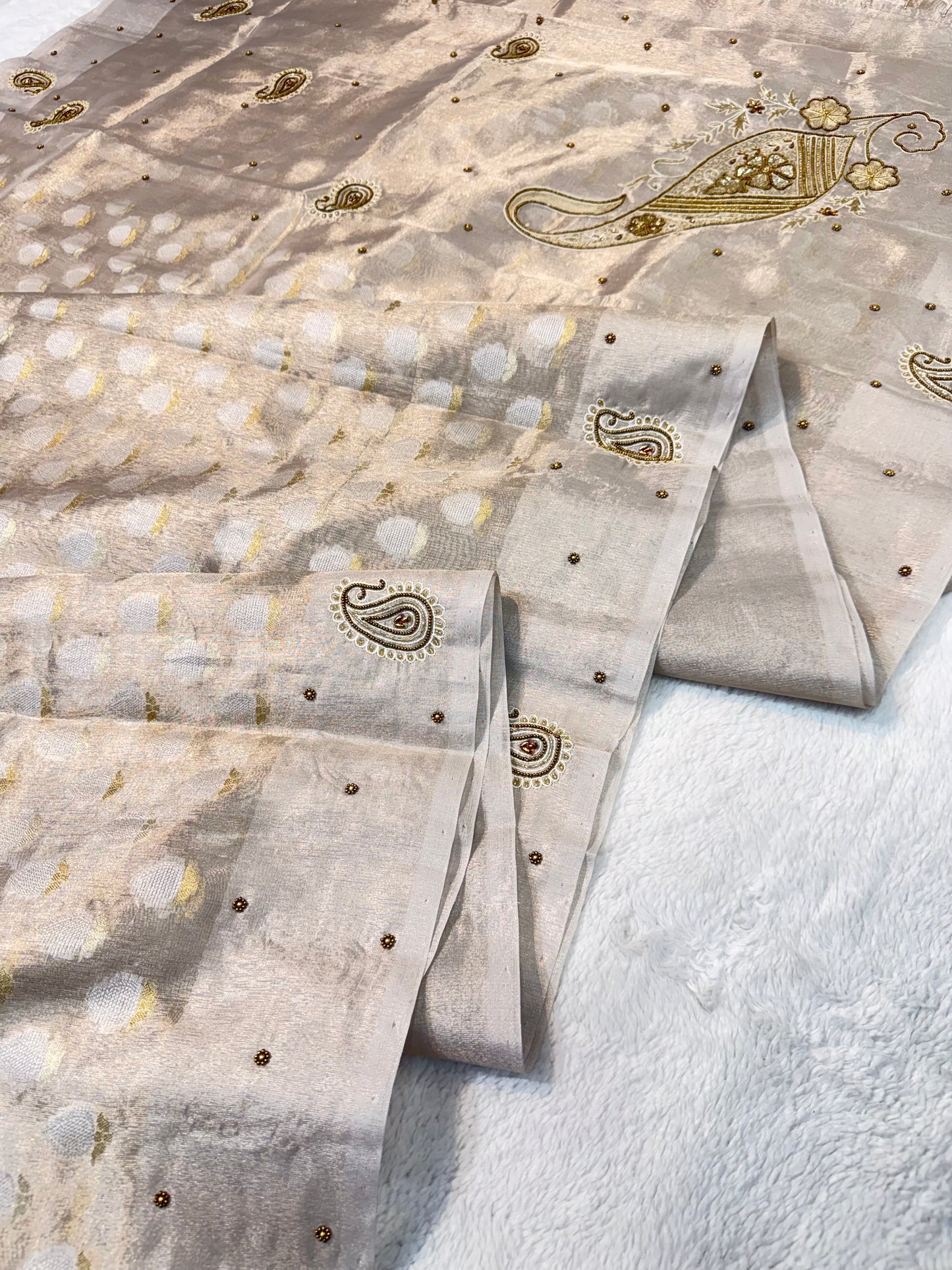 Beige shade tissue designer hand work Banarasi saree