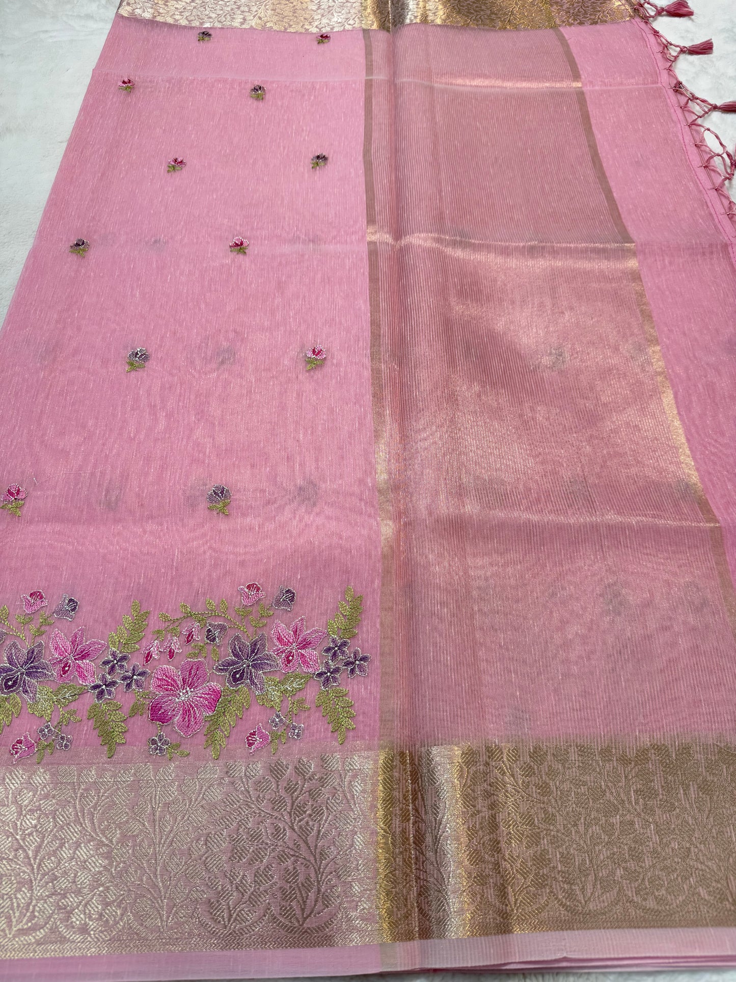 Pink shade linen designer embroidery Banarasi saree