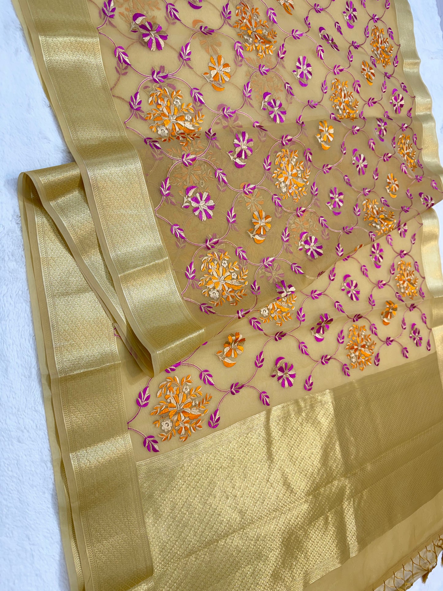 Beige shade organza designer premium embroidery Banarasi saree