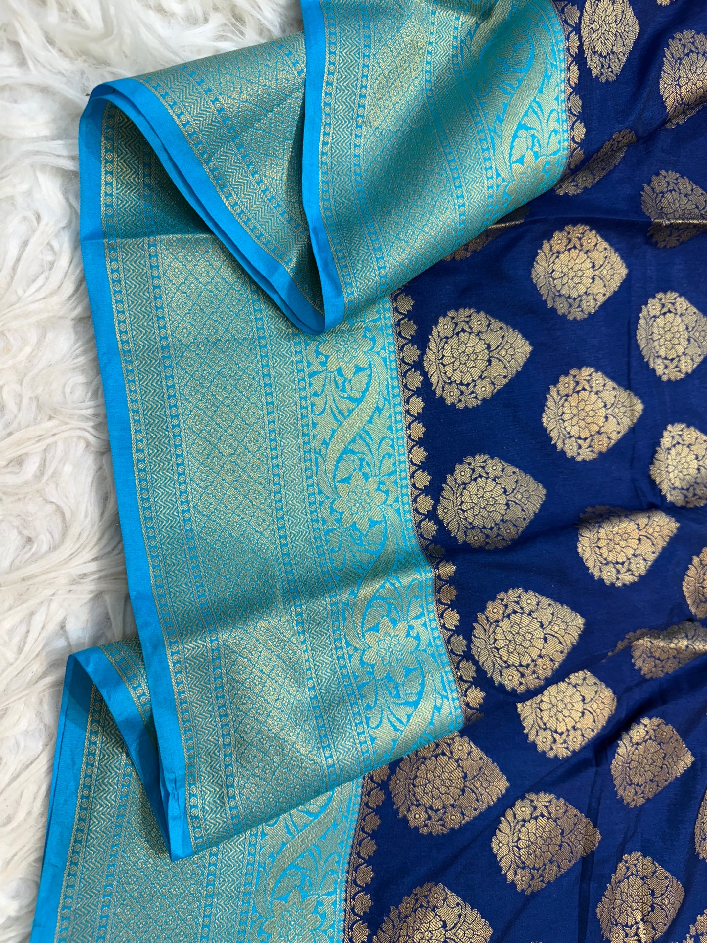 Royal blue & sea green shade Dupion Silk Banarasi Saree