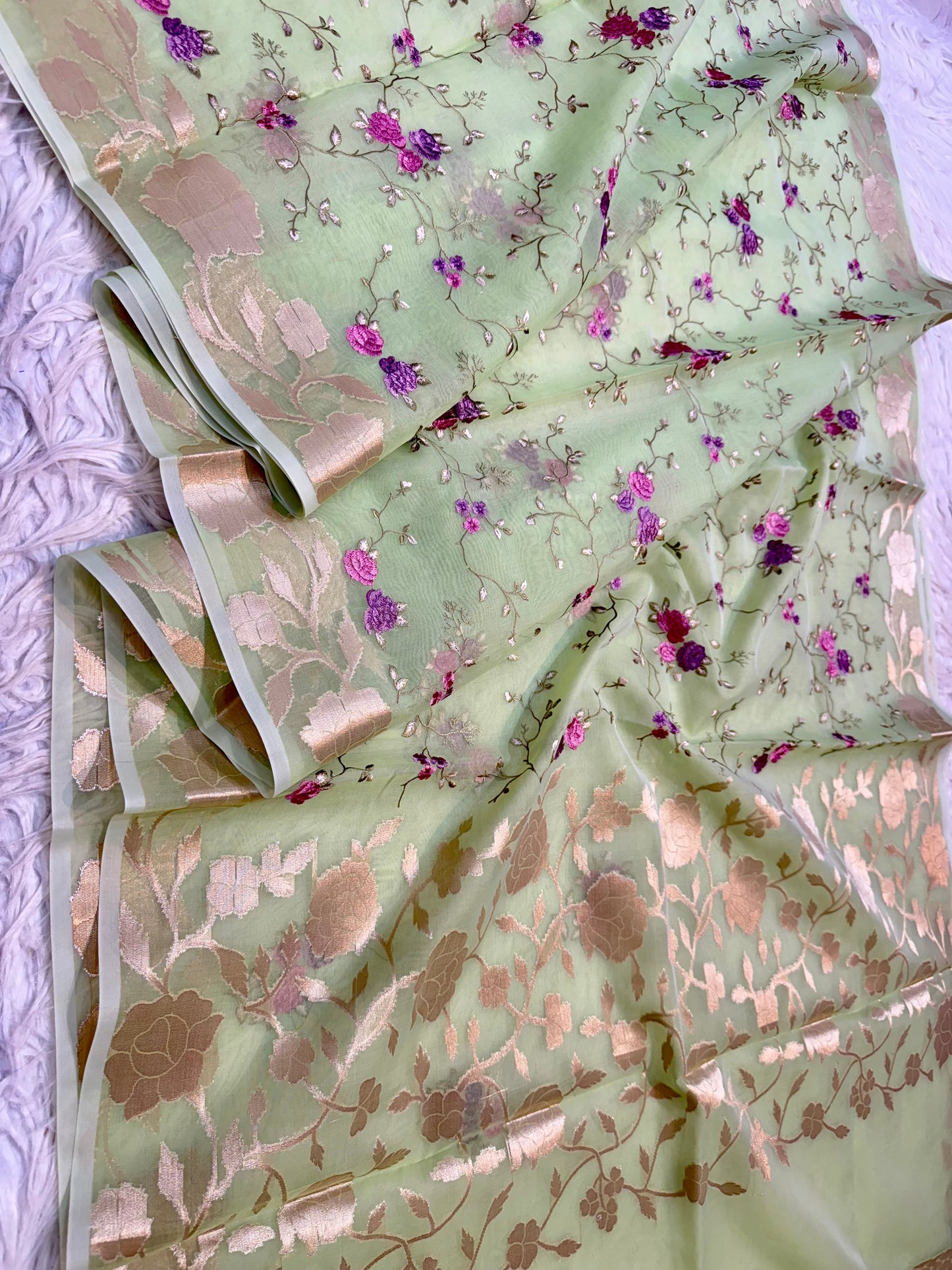 Pista green shade kora organza embroidery Banarasi saree