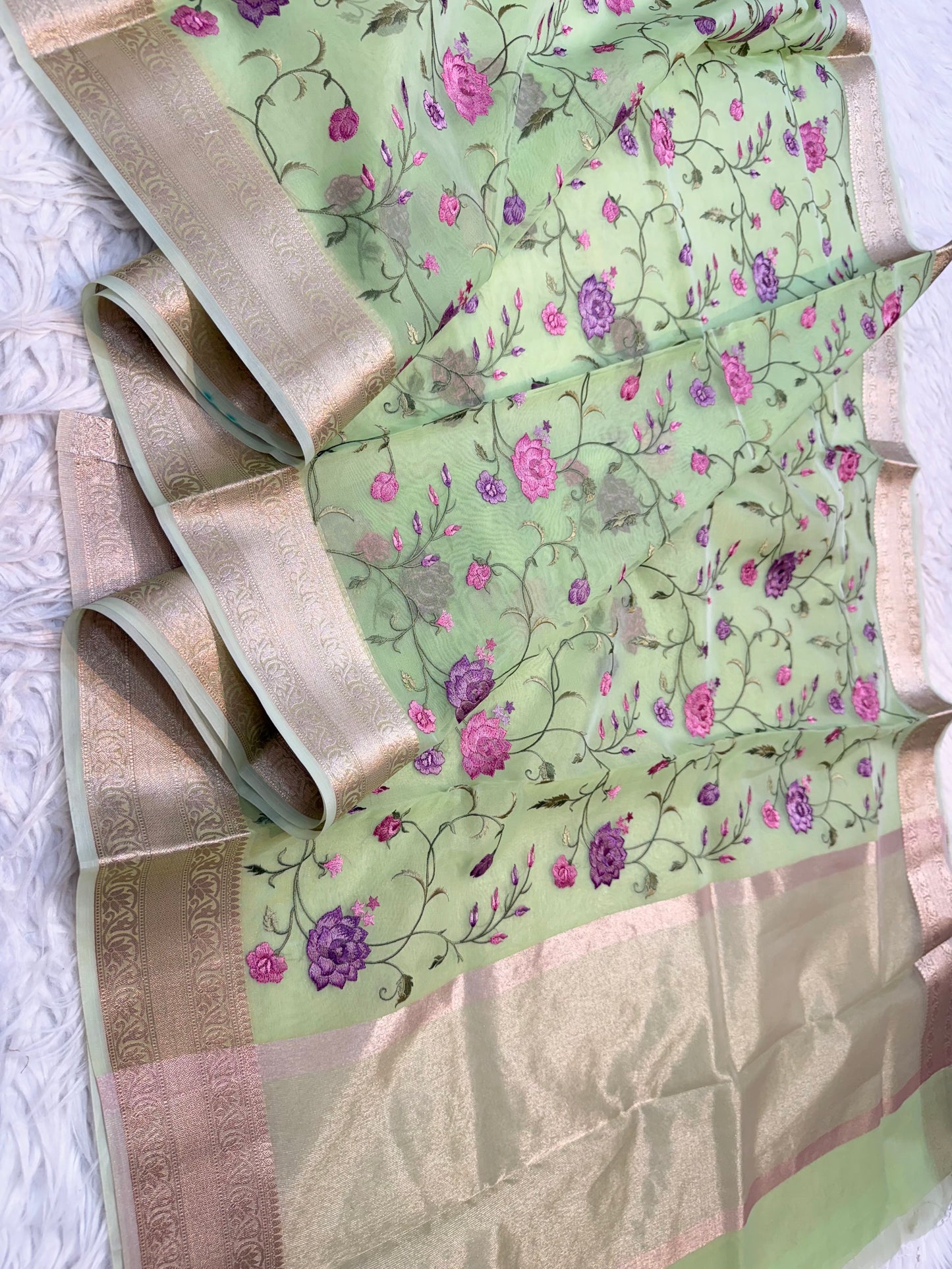 Pista green shade organza embroidery Banarasi saree