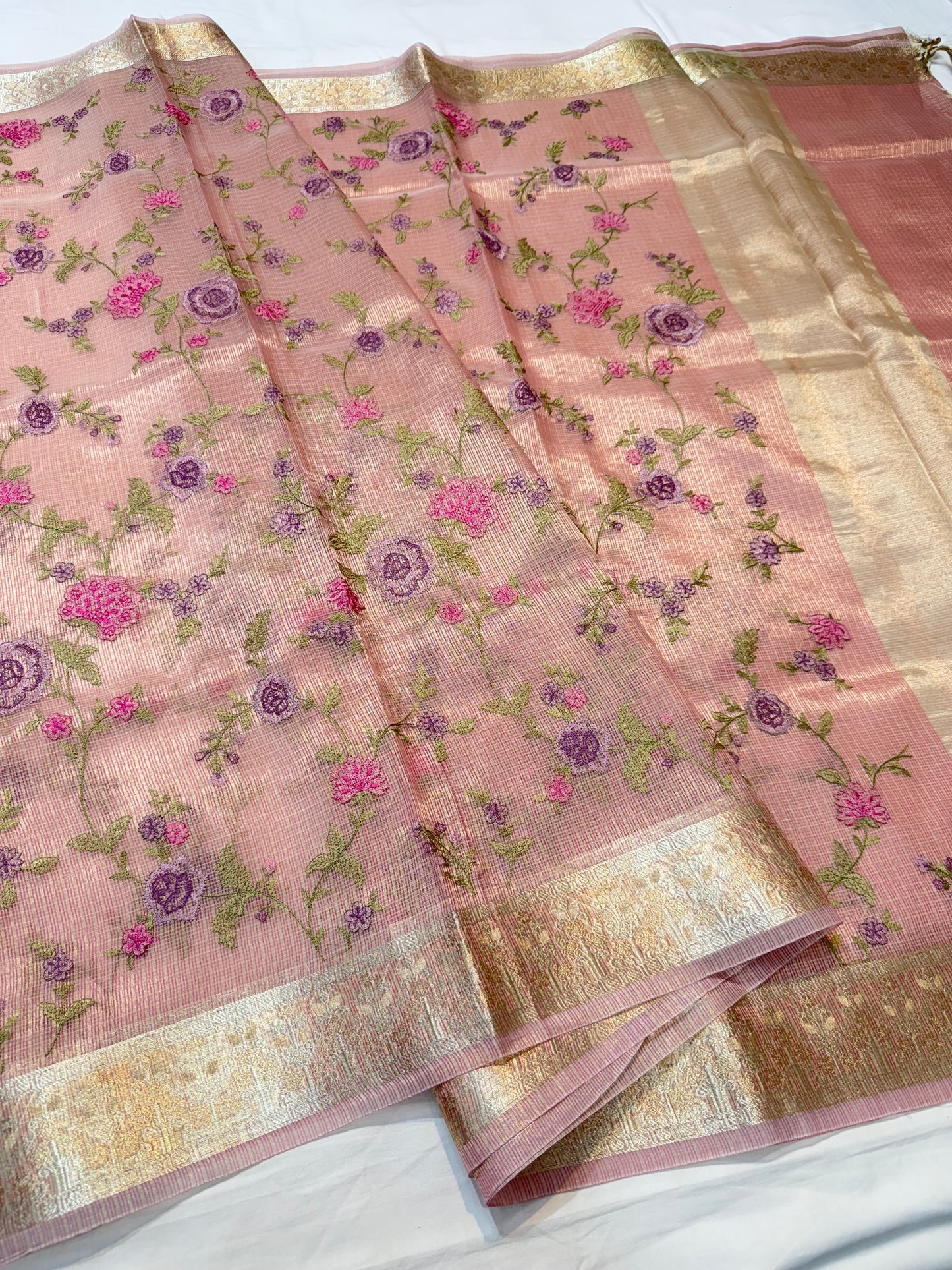 Dusty pink shade tissue kota embroidery primum Banarasi saree