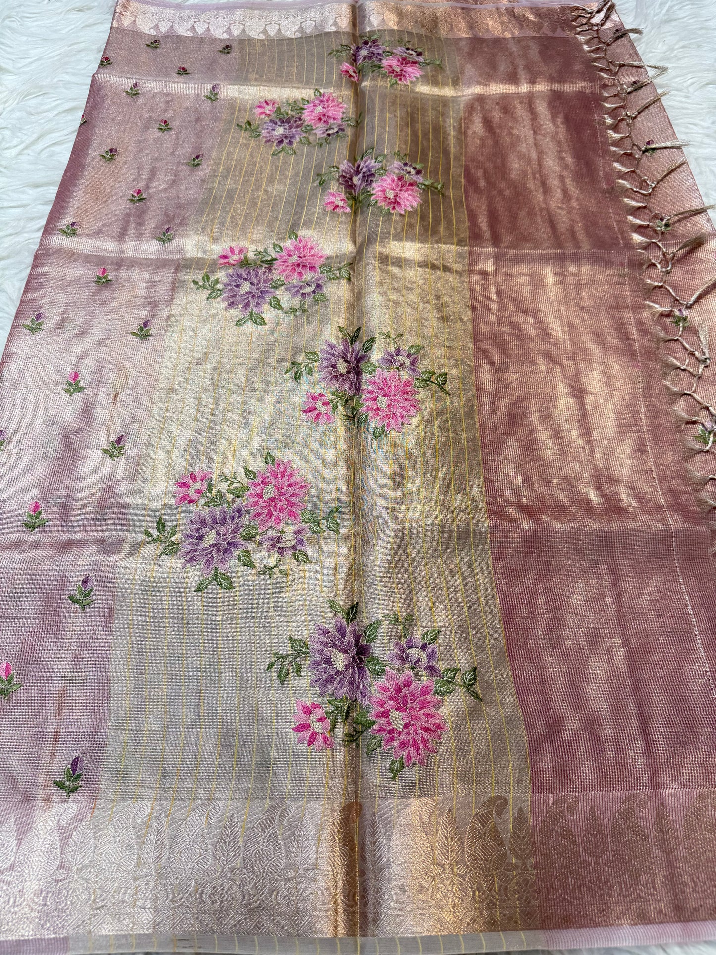 Peach shade tissue kota embroidery primum Banarasi saree