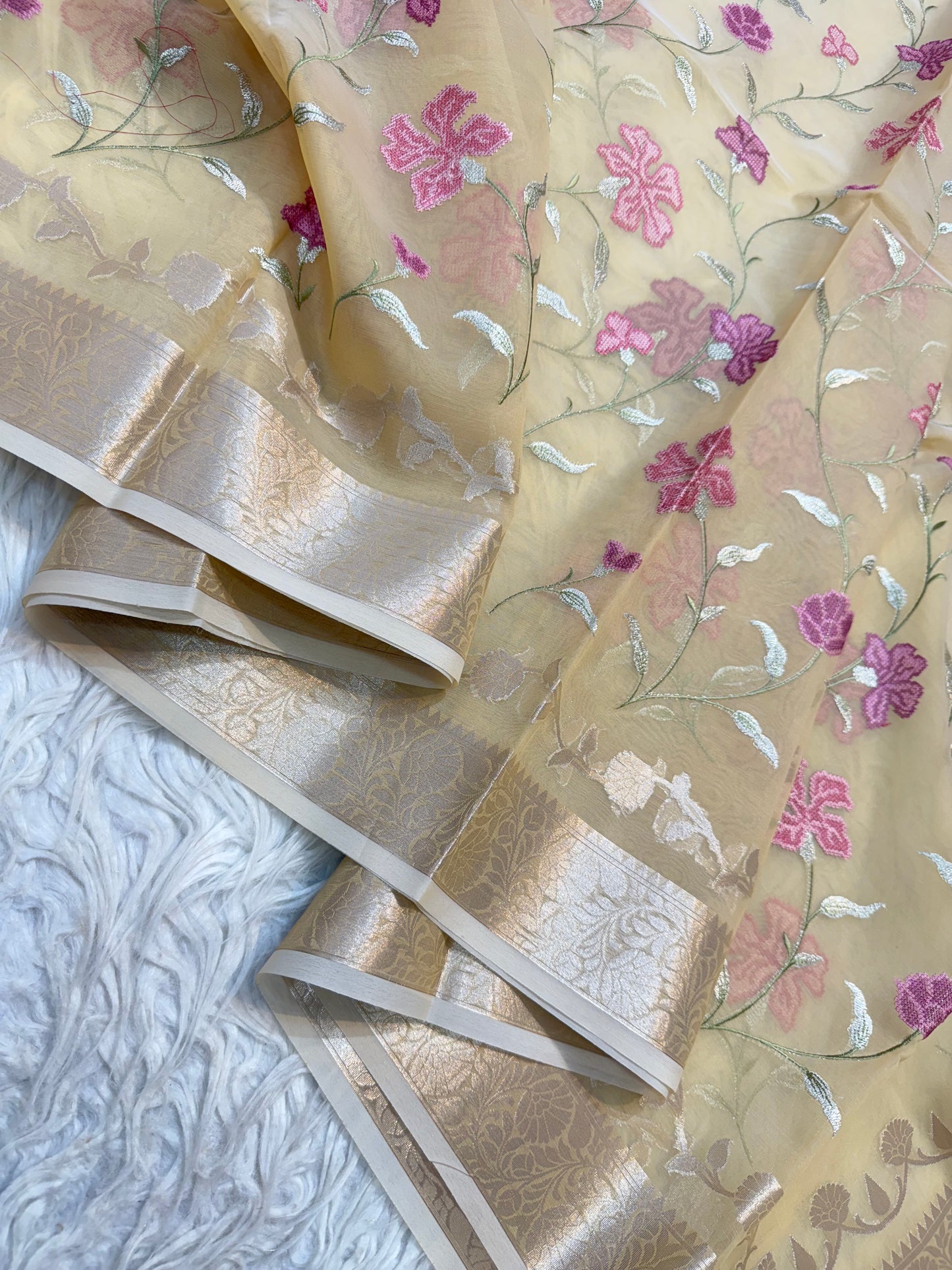 Beige shade kora organza embroidery Banarasi saree