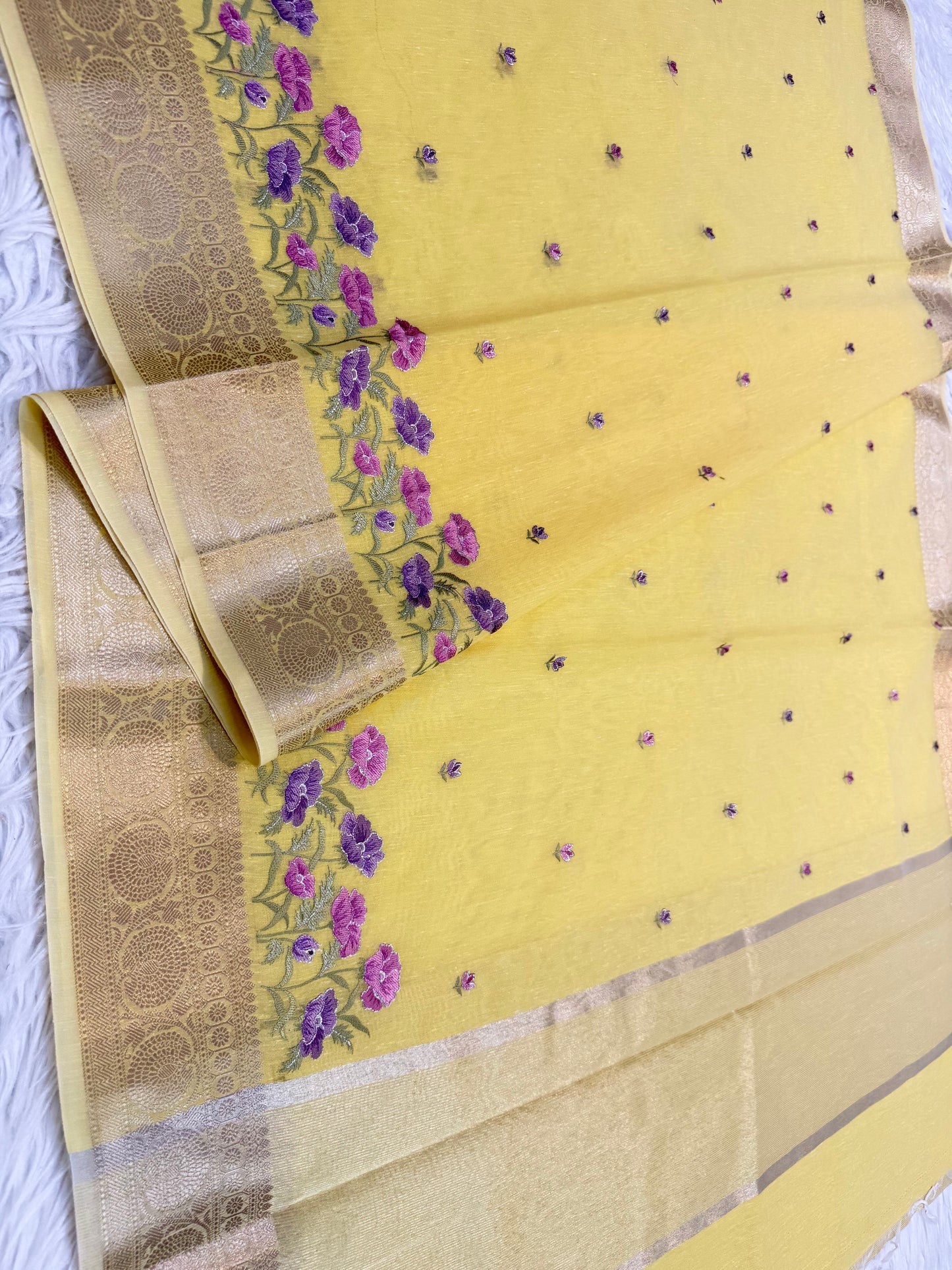 Yellow shade linen embroidery Banarasi saree