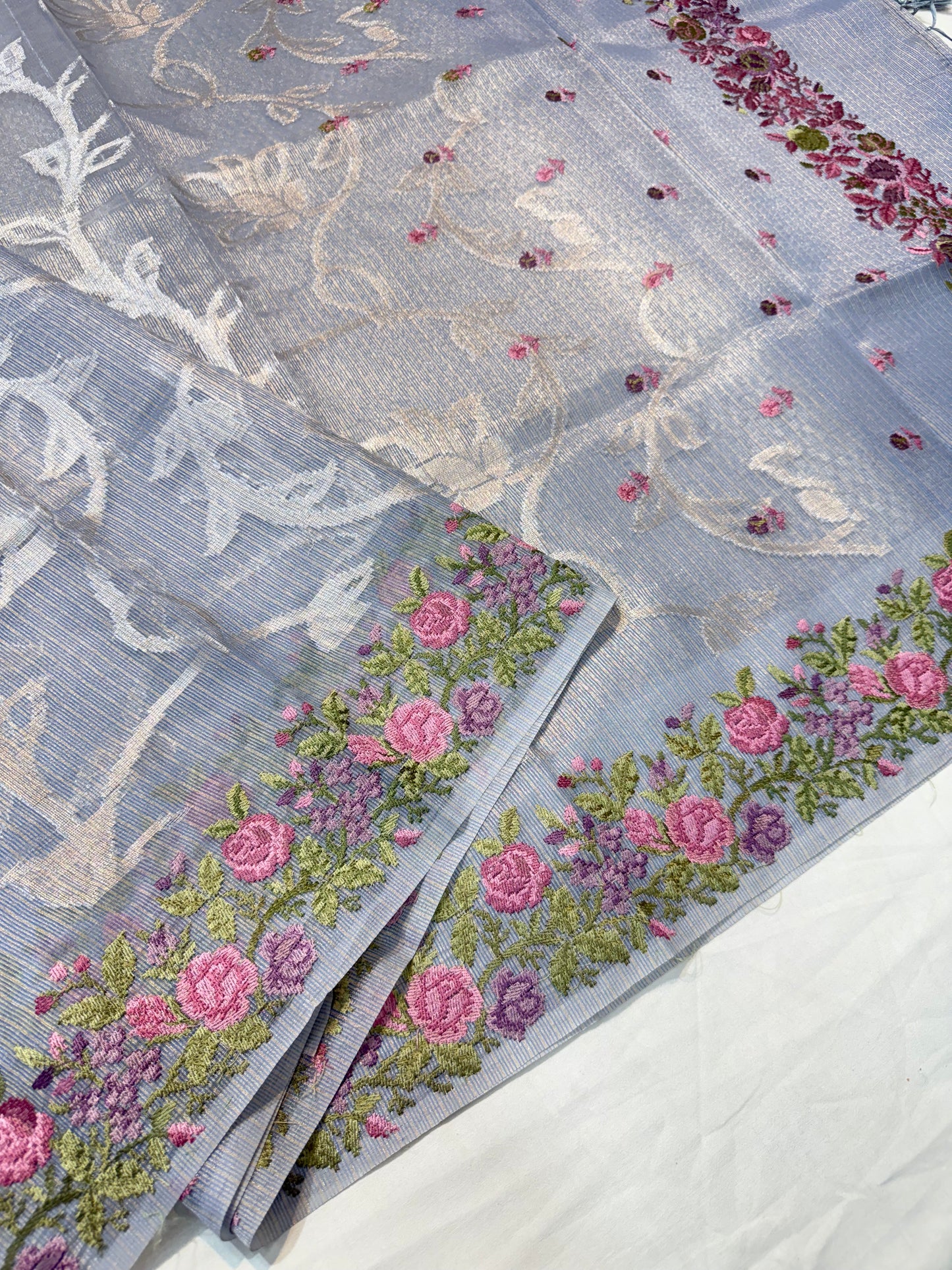 Powder blue shade tissue kota embroidery primum Banarasi saree