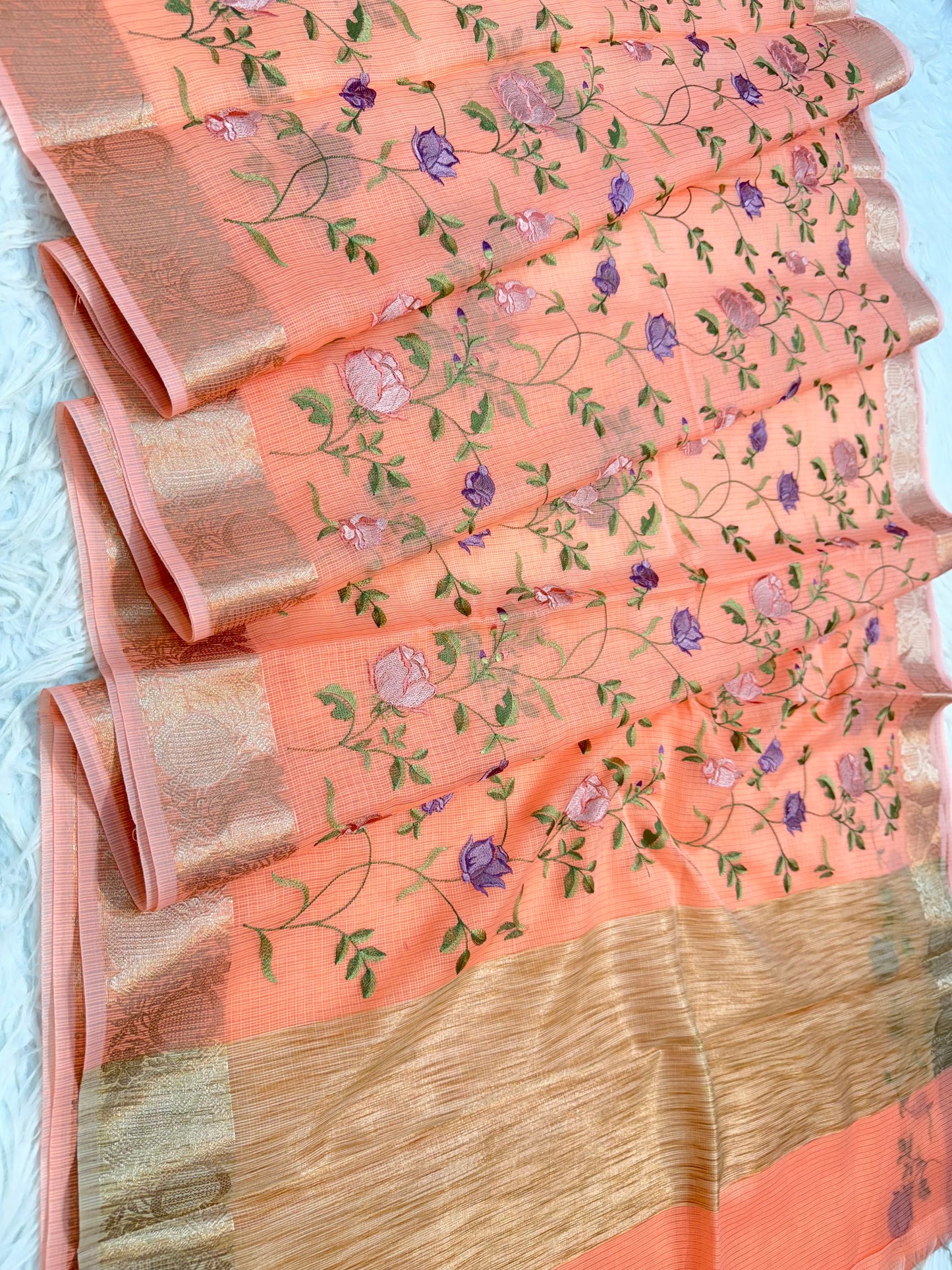 Peach shade cotton kota embroidery Banarasi saree