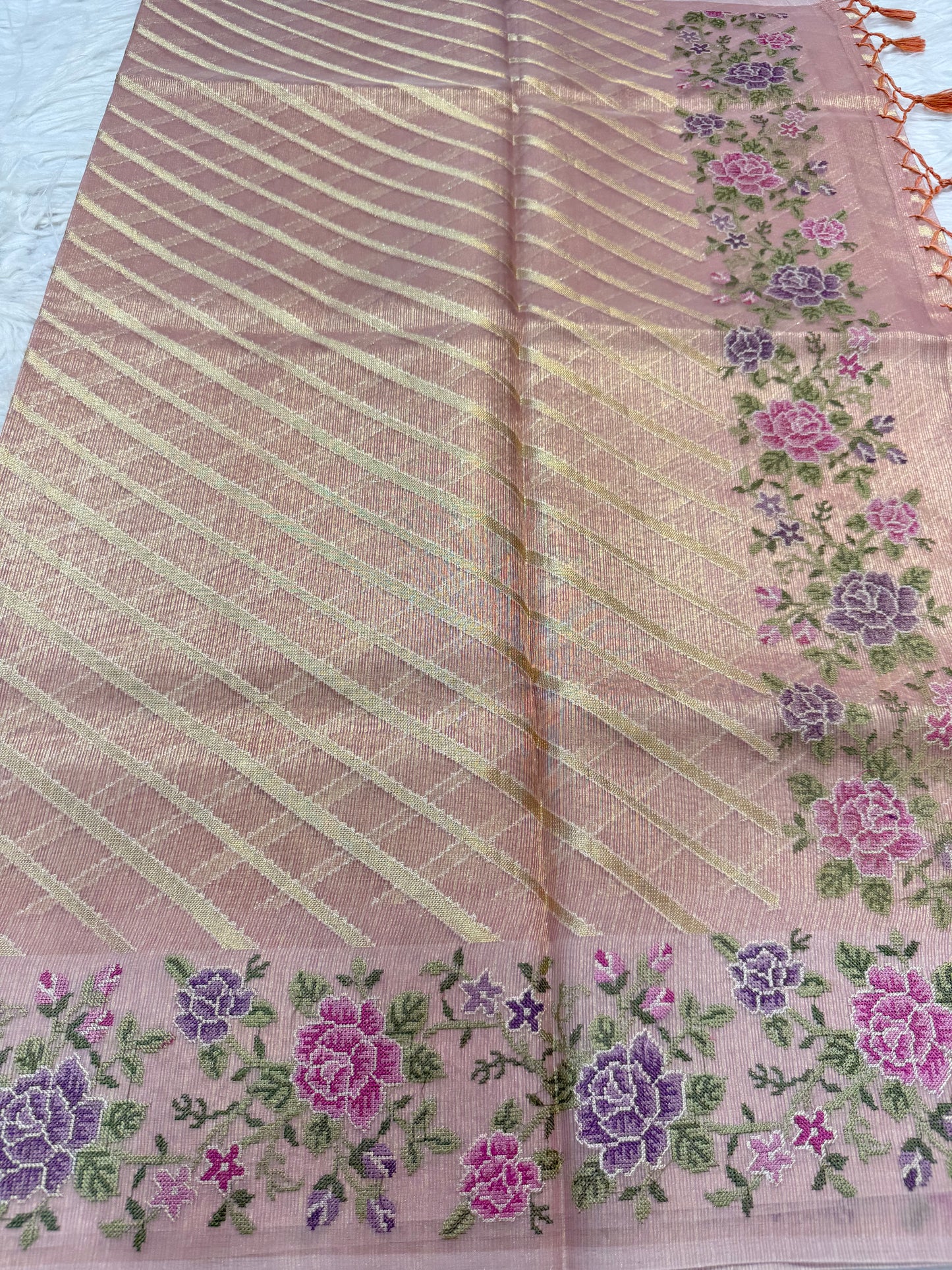 Peach shade tissue kota embroidery primum Banarasi saree