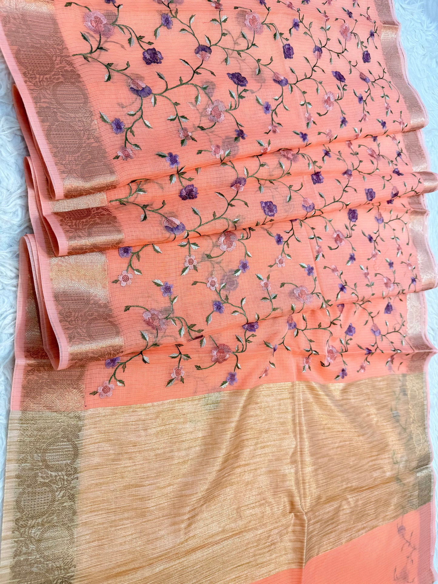 Peach shade cotton kota embroidery Banarasi saree