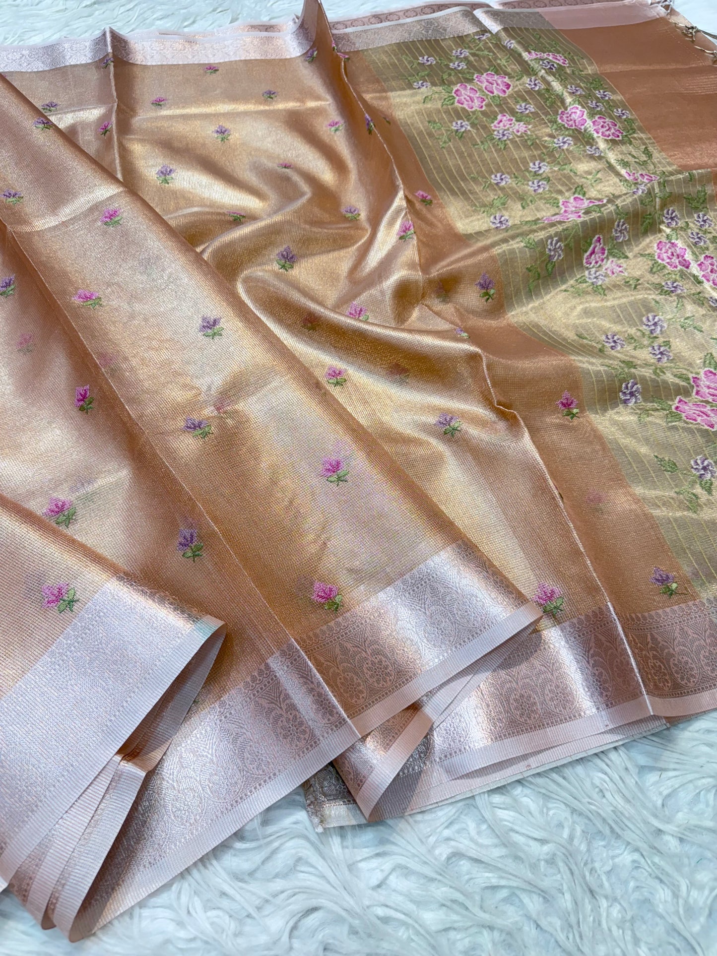 Pink shade tissue kota embroidery primum Banarasi saree